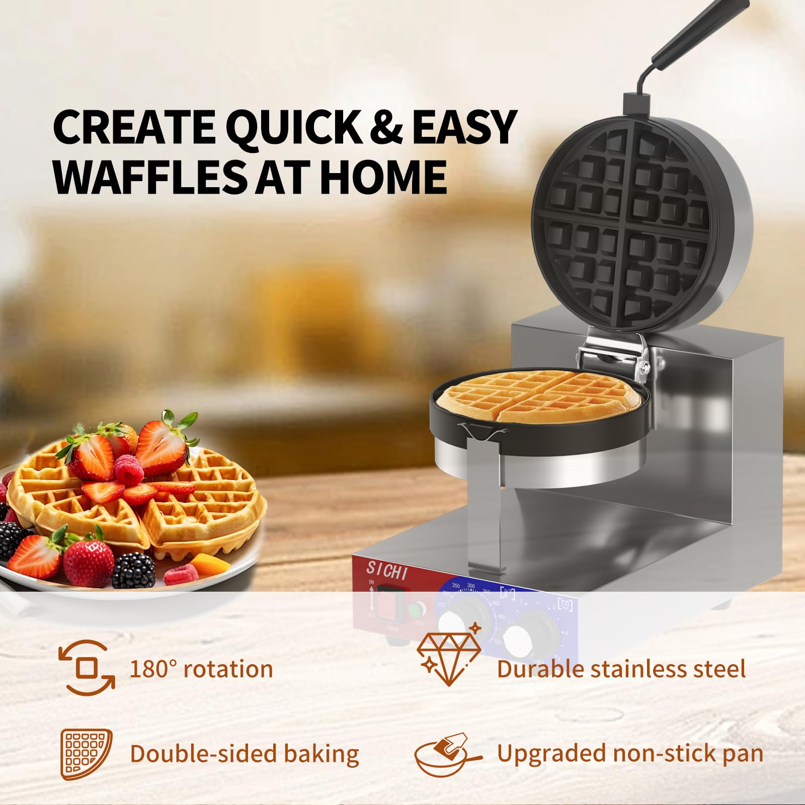 SICHI Commercial Waffle Maker - 1200W Belgian Waffle Iron with Non-Stick Baking Pan, 550°F Fast Heating, Rotating Stainless Steel Waffle Machine for 1.2