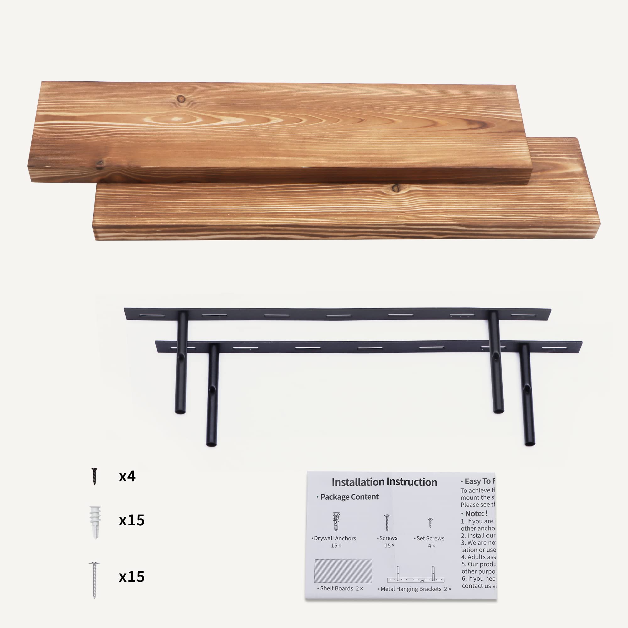Handcrafted European Pine Floating Shelves Set of 2 - 24 Inch Natural Rustic Wood Wall Shelves for Storage & Display | Farmhouse Decor for Kitchen, Bathroom, Living Room & Bedroom | Carbonized Finish | Perfect for Organizing Spices, Books & Decor Items