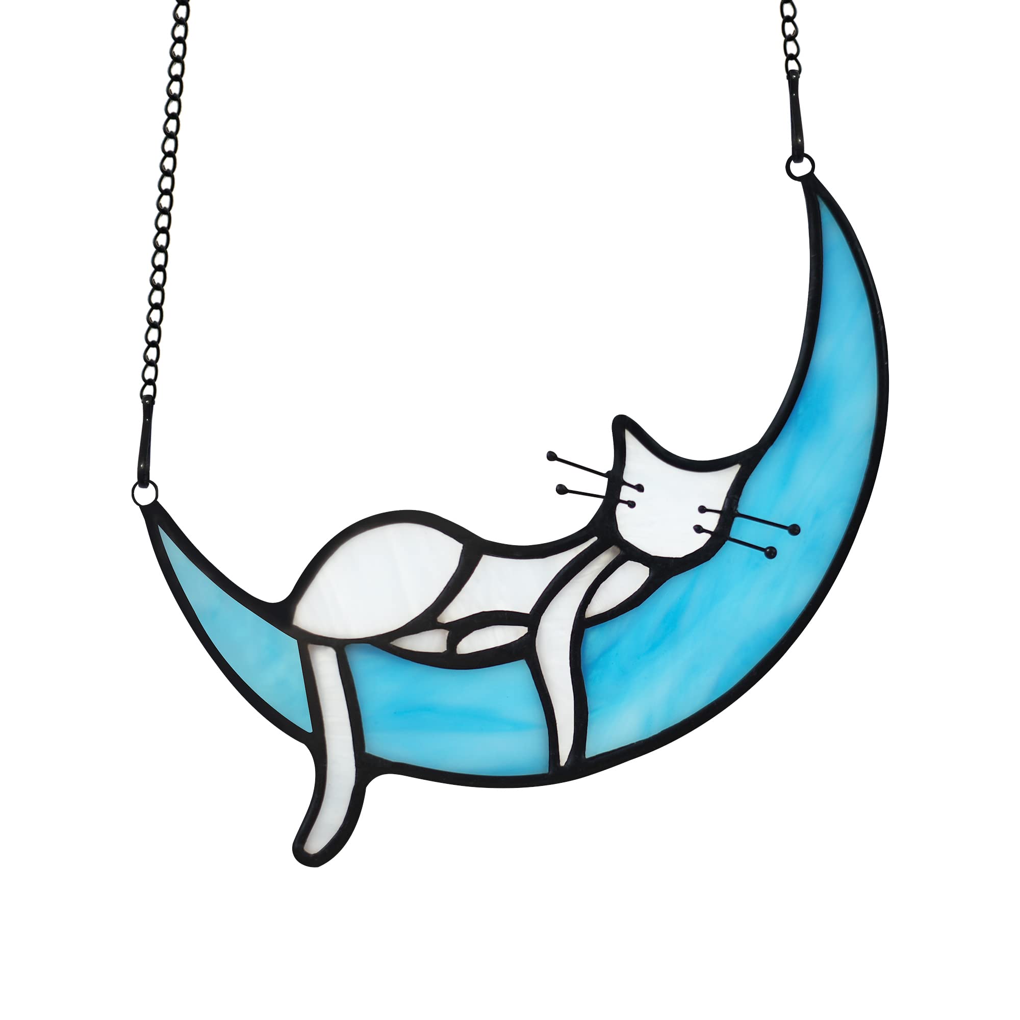 White Cat on Moon Stained Glass Window Hanging - Handmade Cat Memorial Gift for Cat Lovers, Elegant Suncatcher Decor for Kitchen, Bedroom, or Office - Perfect Birthday Gift for Mom, Grandma & Aunt - Creates Beautiful Rainbow Reflections in Sunlight