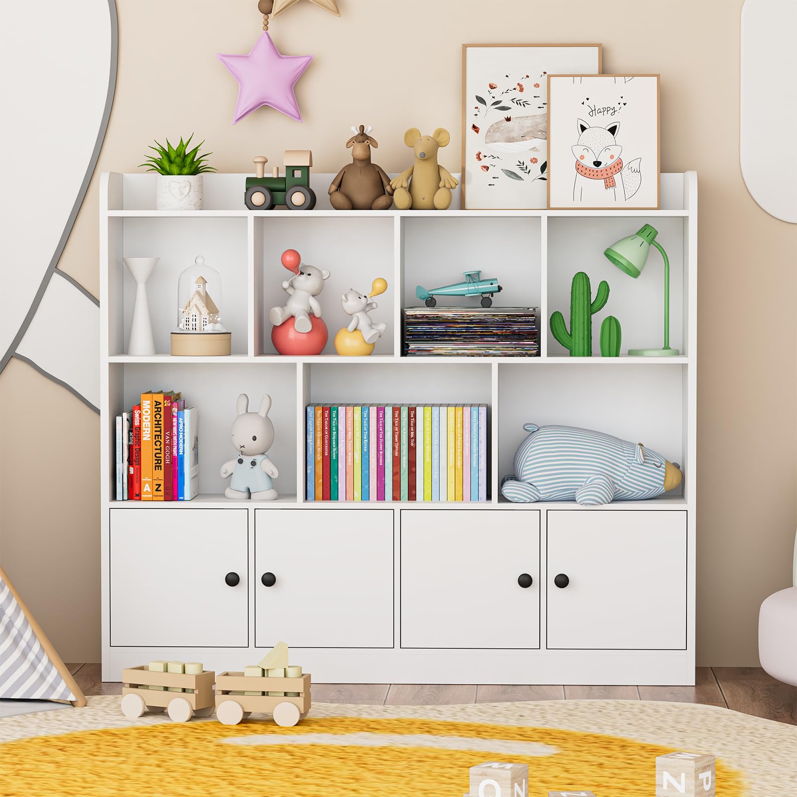 2 in 1 Large Toy Organizer and Storage Shelf - 4 Tier Kids Bookshelf with 11 Storage Cubbies - White Wooden Storage Cabinet for Daycare, School, Classroom, Playroom, Nursery & Kindergarten - Perfect for Organizing Toys, Books & Learning Supplies