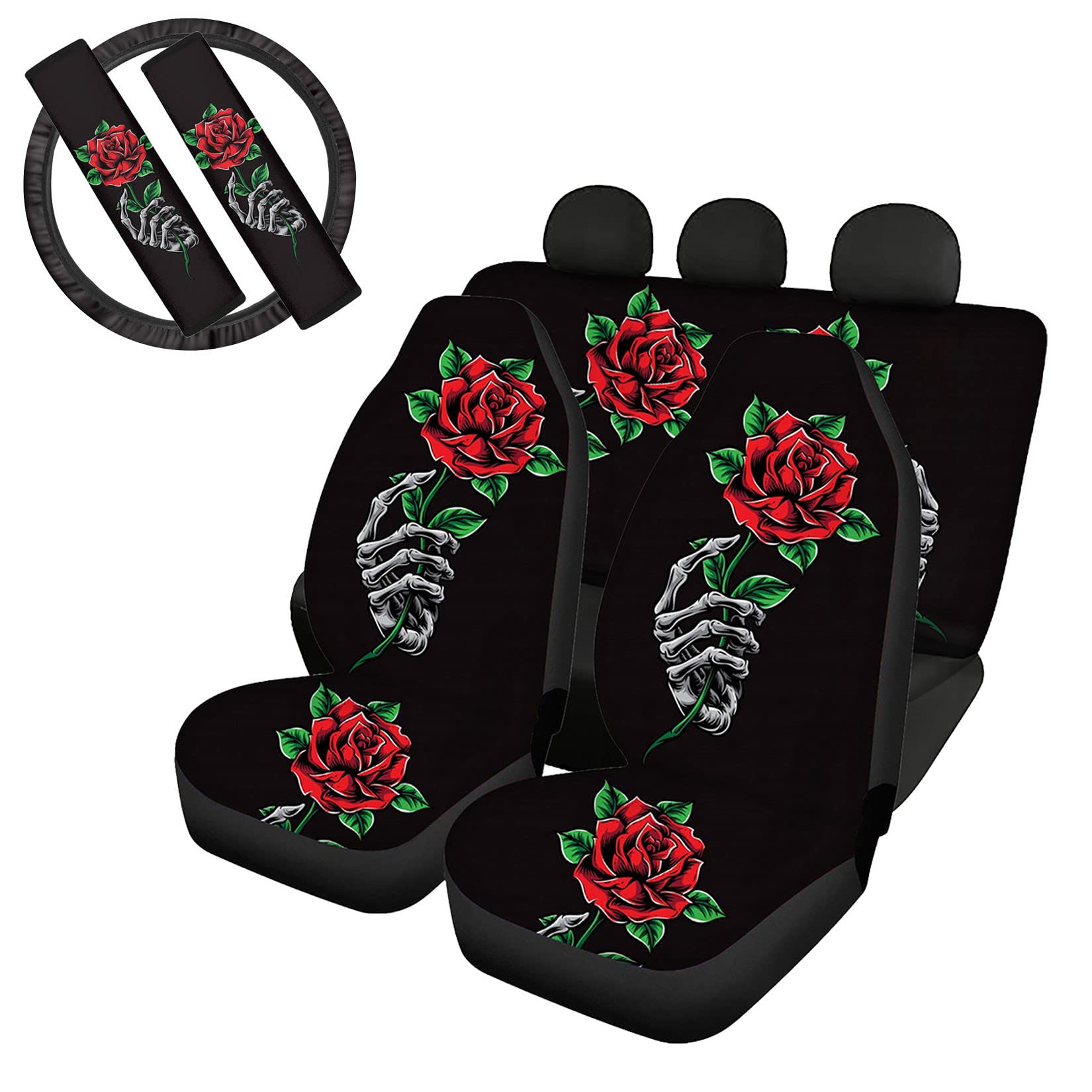 Ystardream Finger Rose Car Seat Cover for Women - Universal Fit for Car & Truck - Steering Wheel Cover & Seat Belt Protectors Included - Cute Auto Accessories Decor for Daily Commute & Road Trips