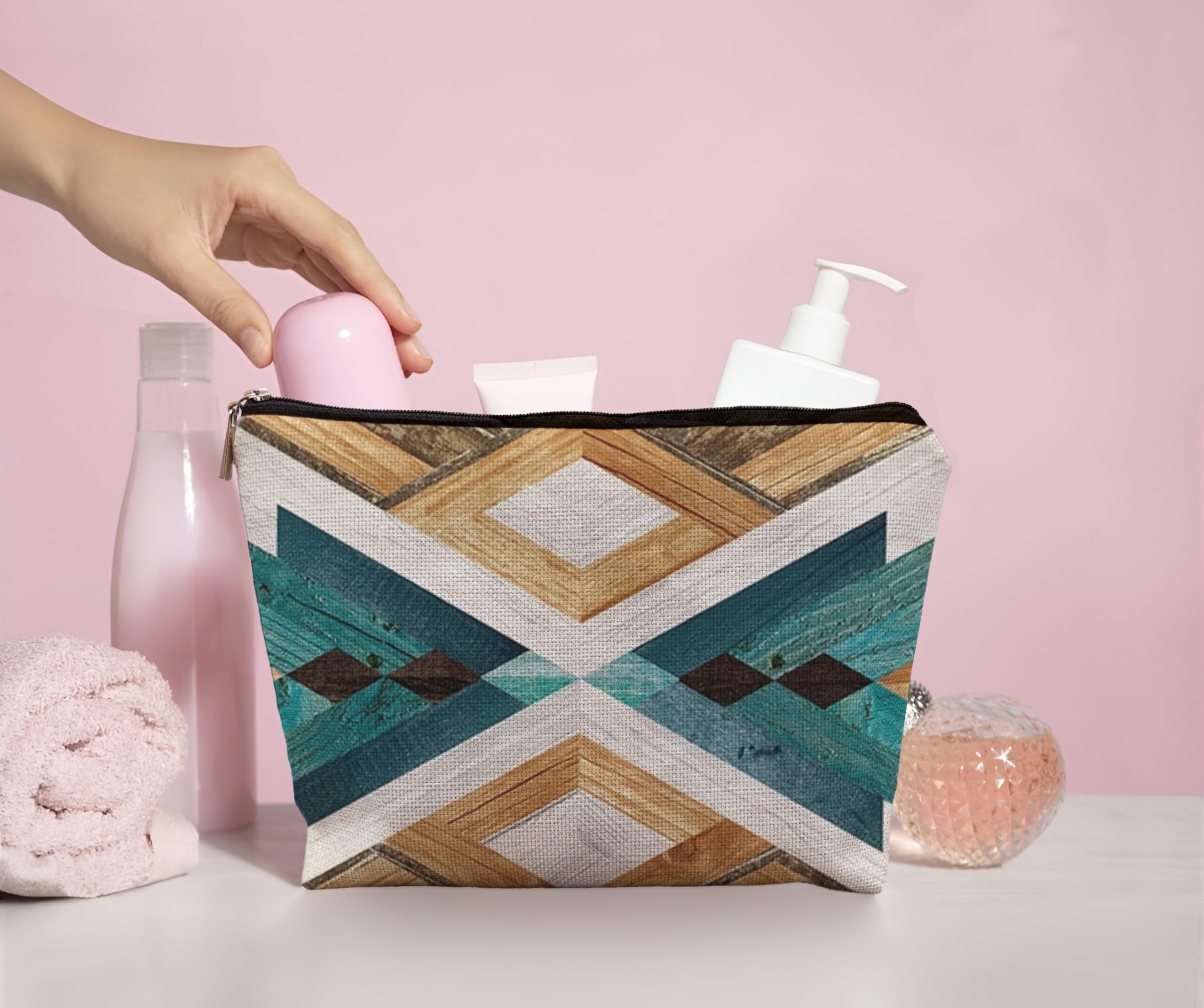 Aztec Makeup Bag for Women - Southwestern Navajo Cosmetic Pouch with Geometric Wood Art Design, Western Style Travel Organizer | Perfect for Purse, Gym & Vacation Accessories