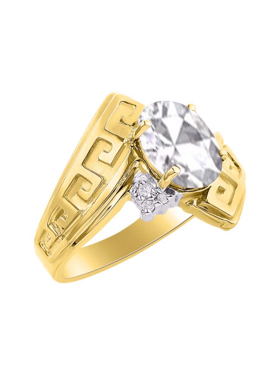 Rylos Greek Key Designer Ring - 9X7MM Gemstone & Diamond Accent in Yellow Gold Plated Silver - Elegant Jewelry for Women (Sizes 5-10) - Perfect for Weddings, Parties & Special Occasions