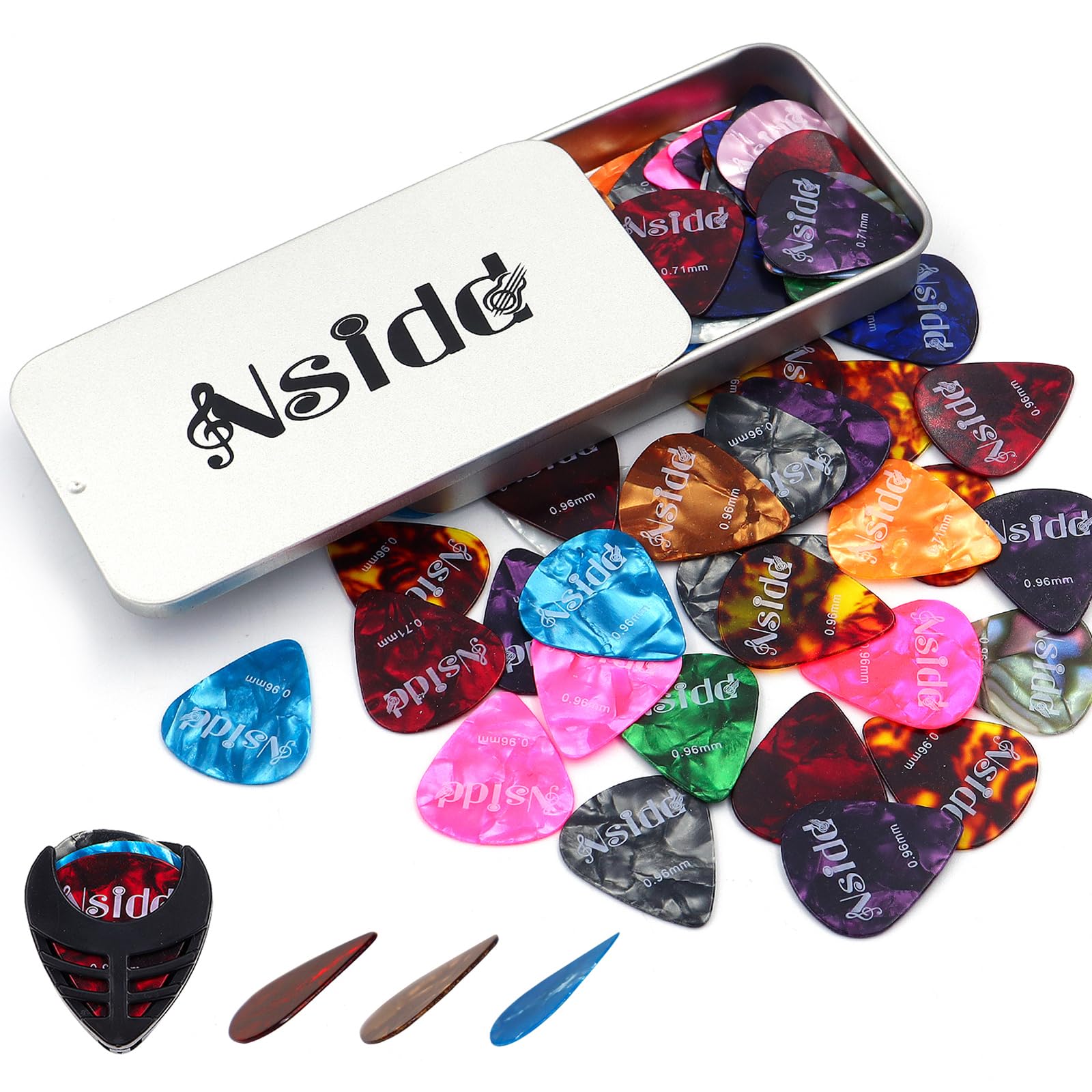 60 Pack Guitar Picks Set with Storage Box & Holder - 0.46mm, 0.71mm, 0.96mm Thickness (Thin, Medium, Heavy) - Colorful Celluloid Plectrums for Acoustic, Electric Guitar, Bass & Ukulele - Perfect for Beginners, Professionals & Live Performances