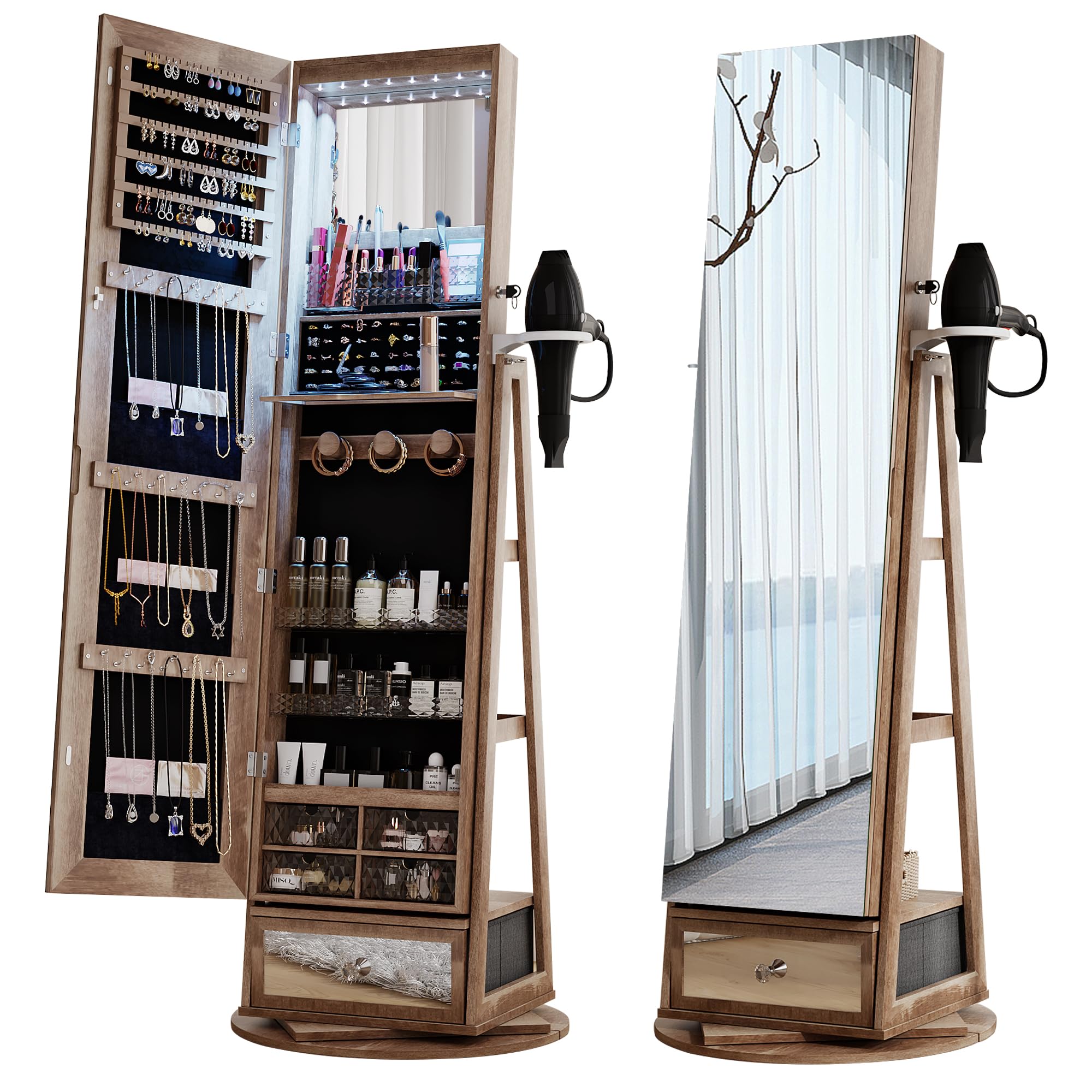 HWB Full Length Mirror with Storage - Standing Jewelry Cabinet with LED Lights, 360° Rotatable Jewelry Armoire Organizer with Foldable Makeup Shelf, Brown - Perfect for Bedroom, Dressing Room & Closet Organization