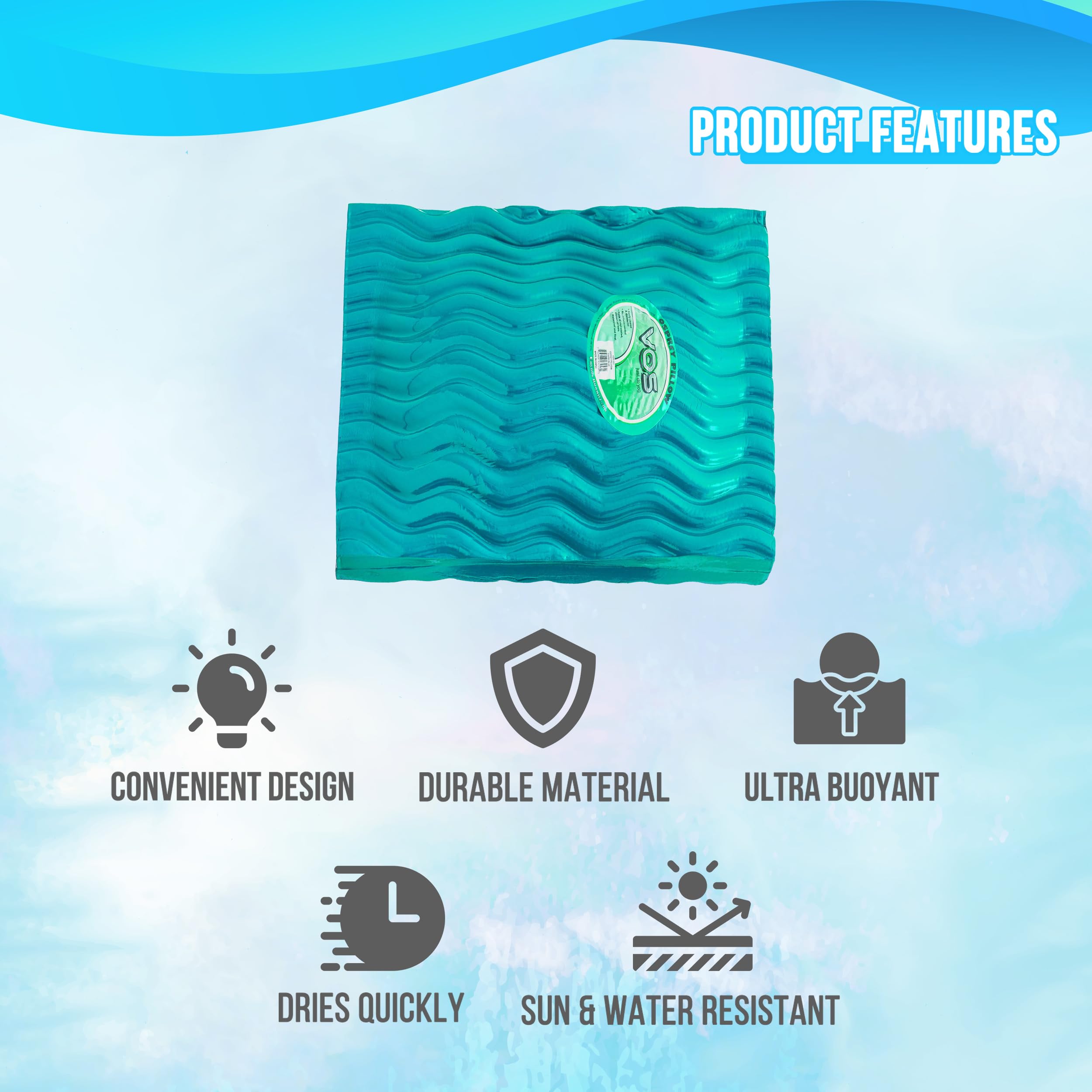 VOS Waterproof Pillow - Ultra Soft & Durable Hypoallergenic Pillow for Beach, Camping, Pool & Outdoor Use - Seafoam Square Pillow for Lounging, Travel & Water Activities