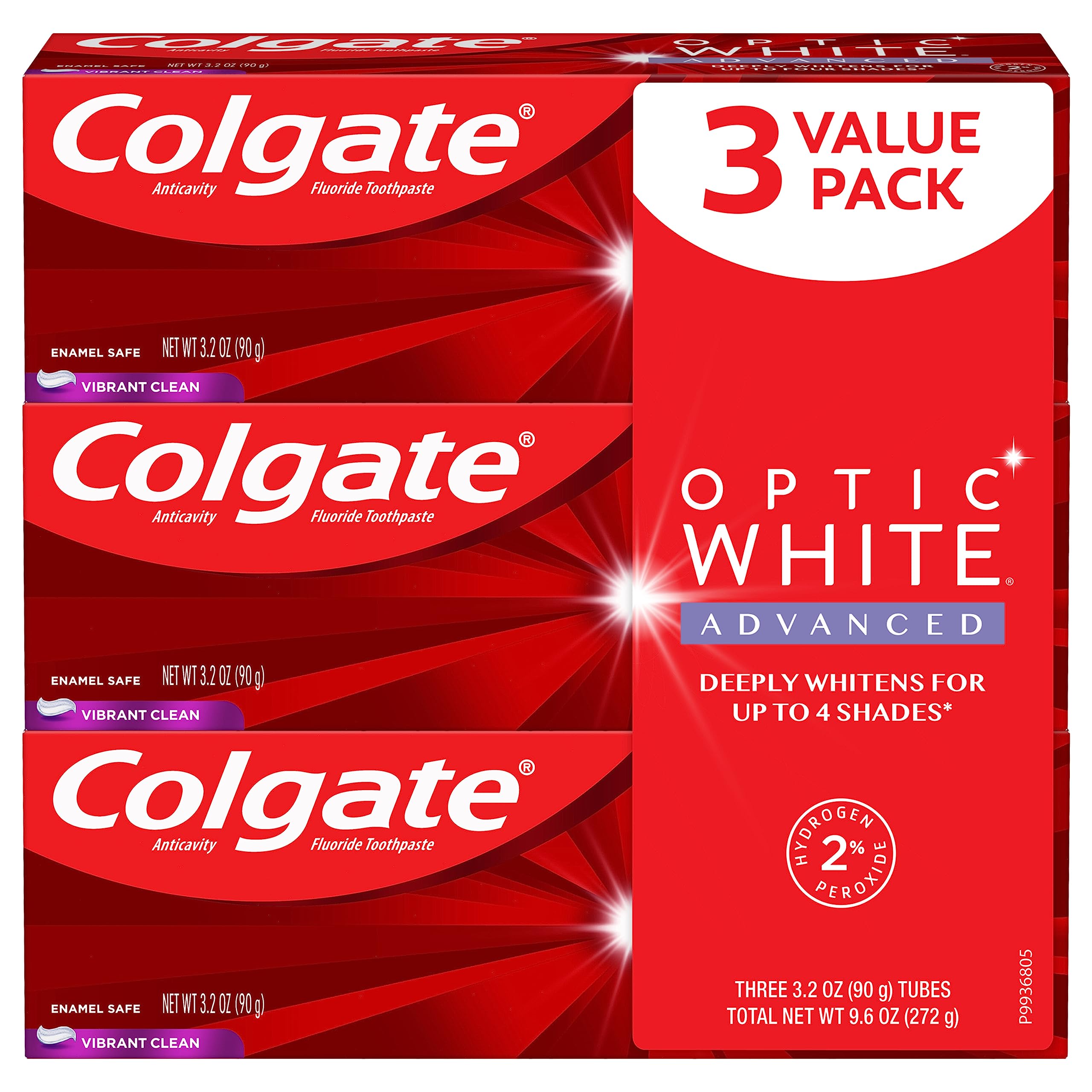 Colgate Optic White Advanced Teeth Whitening Toothpaste - Vibrant Clean Mint Flavor, 3.2 oz (3 Pack) | Professional Stain Removal & Enamel Safe | Perfect for Coffee, Wine & Smoking Stain Removal