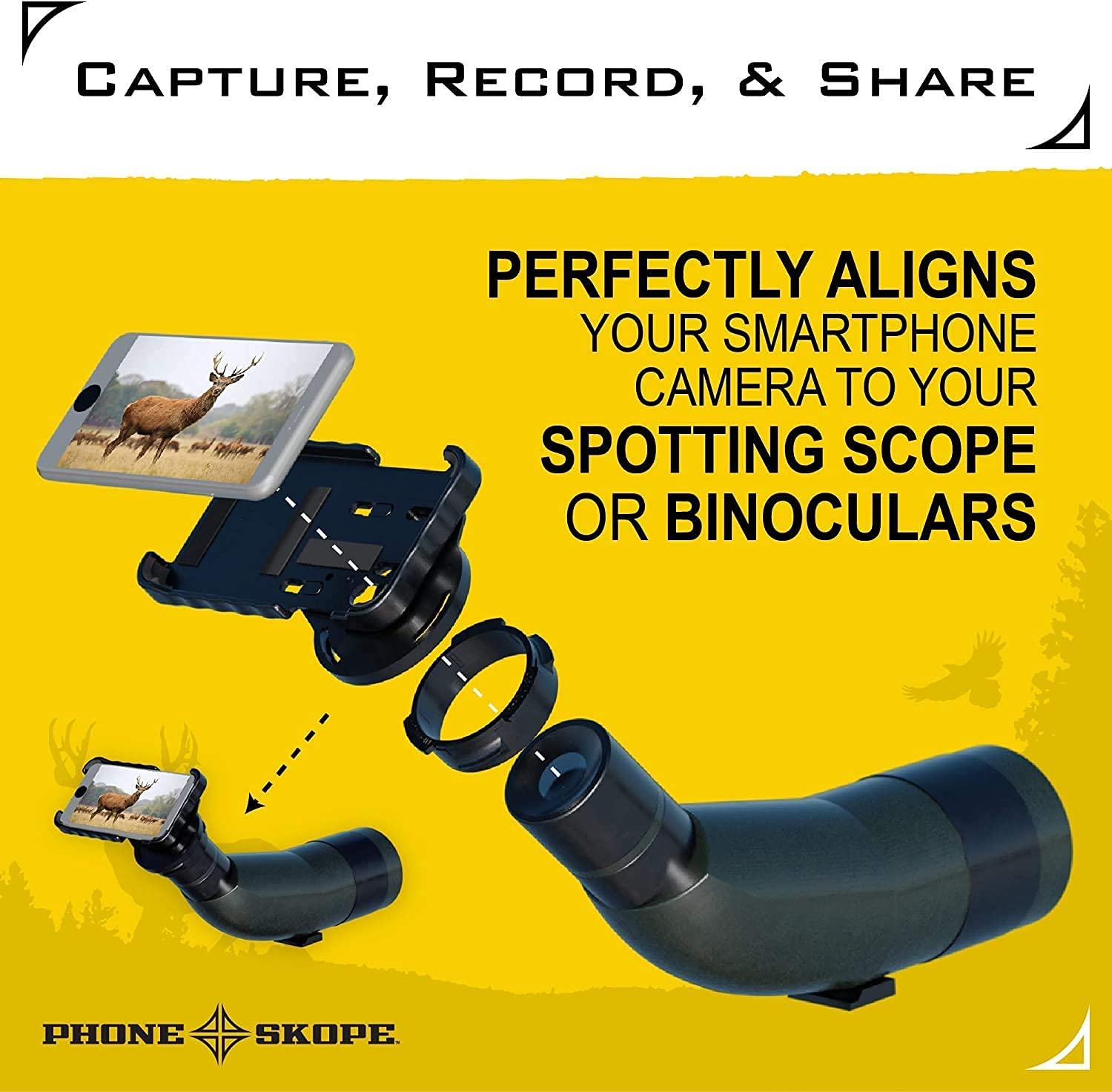 Phone Skope Complete Digiscoping Kit - Universal Smartphone Scope Adapter for Hunting, Bird Watching & Astronomy | Includes Mount Case, Eyepiece Adapter & Lens Cloth | Compatible with iPhone & Android Phones | Perfect for Wildlife Observation, Outdoor Adventures & Night Sky Photography