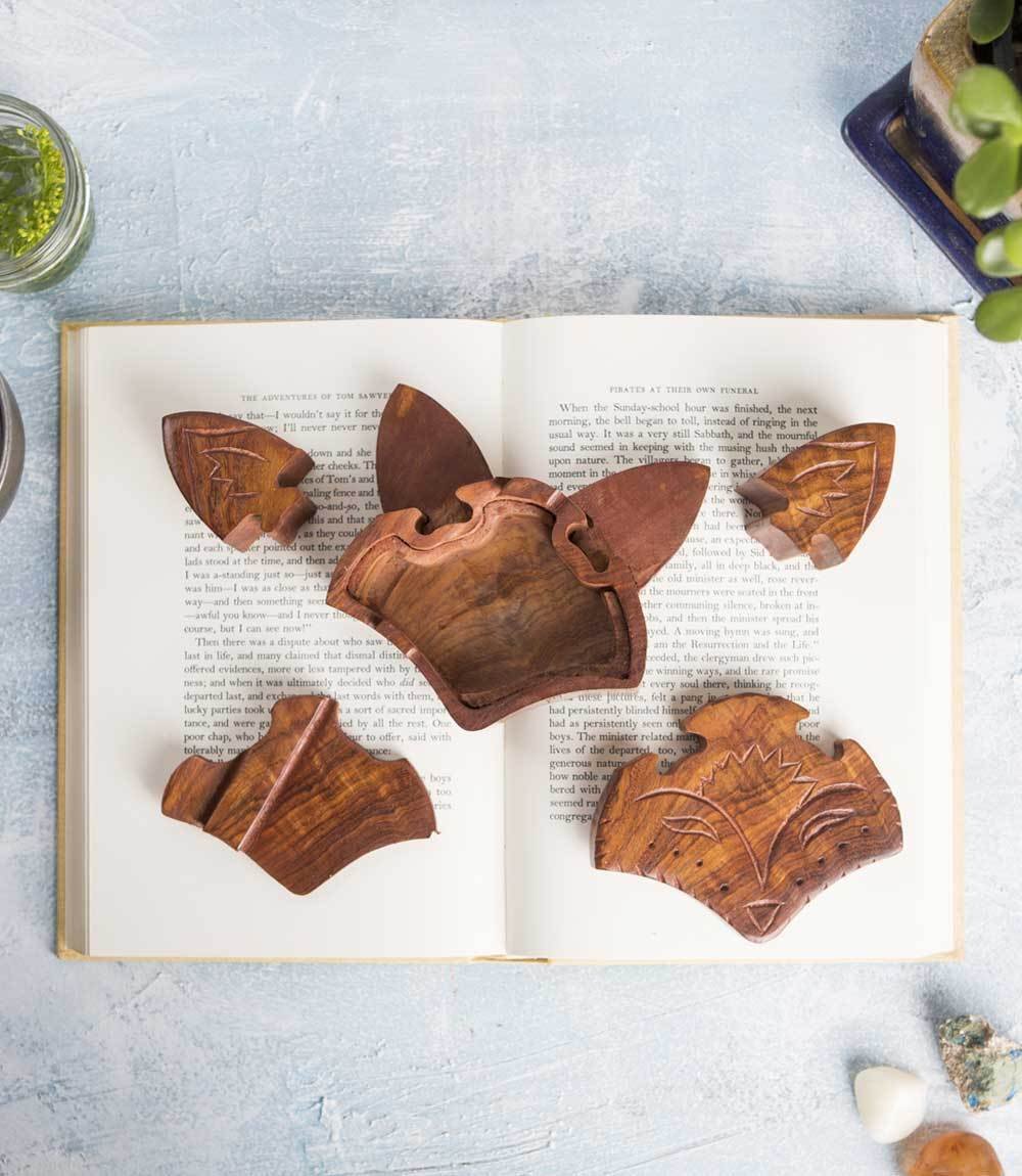 Hand Carved Solid Wood Fox Puzzle Box with Secret Compartment - Brain Teaser & Jewelry Storage - Perfect for Gifts, Home Decor, and Puzzle Enthusiasts