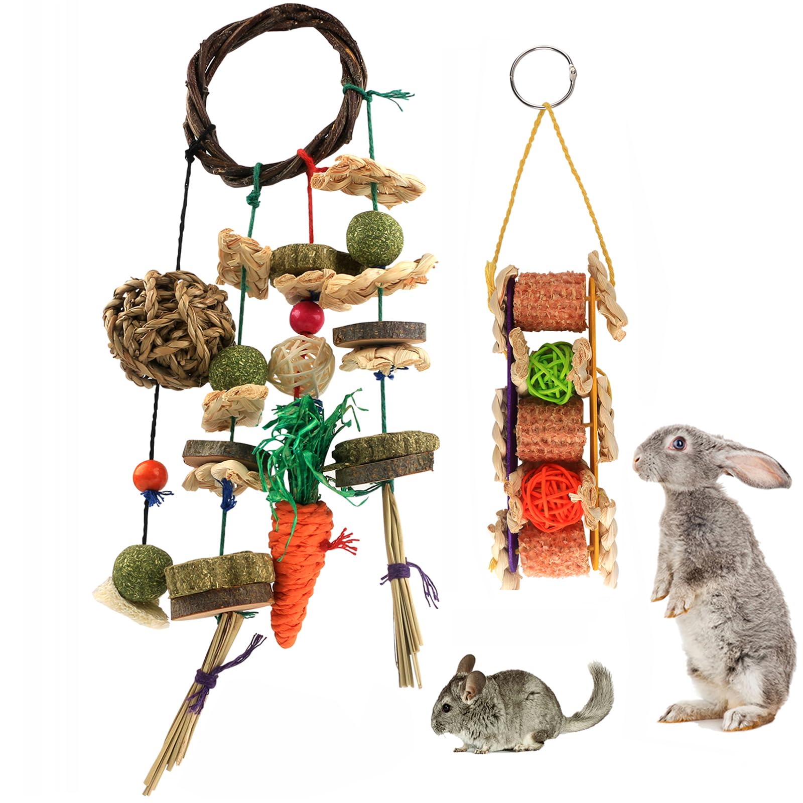 HOSUKKO 2PCS Rabbit Chew Toys for Small Pets - Bunny Guinea Pig Teeth Grinding Toys, Dental Health Molar Tool for Rabbits, Hamsters & Small Animals - Hanging Chew Toys for Play & Teeth Care - Perfect for Cage Entertainment & Dental Hygiene