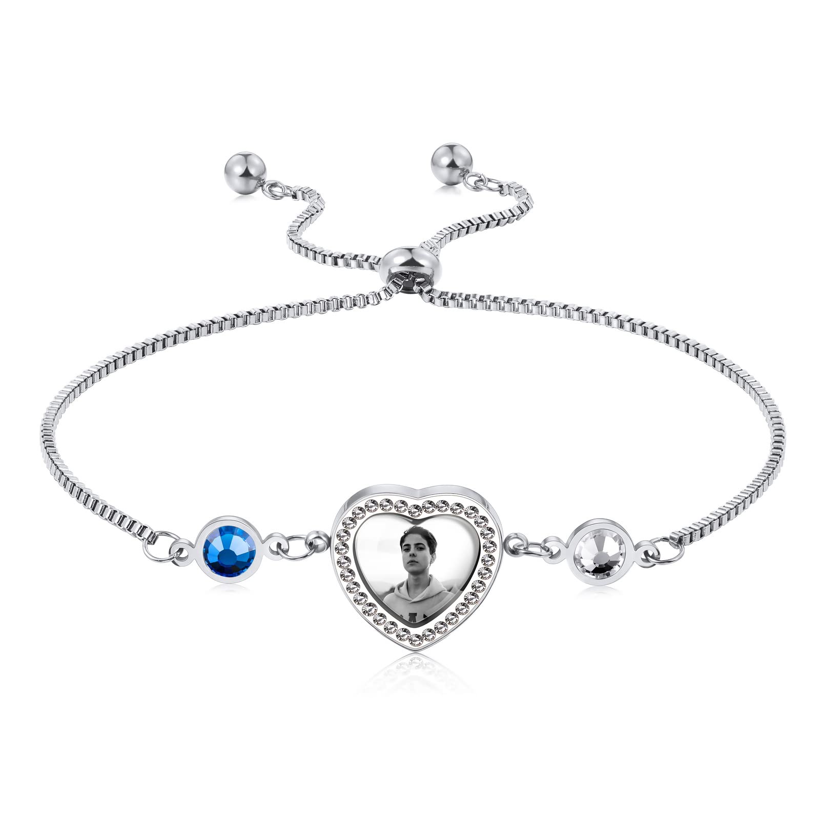 Custom Photo Charm Bracelet with Name & Birthstone - Personalized Adjustable Stainless Steel Jewelry in Silver/Gold/Rose Gold | Thoughtful Graduation Gifts for Women, Best Friend, Mom, Sister | Perfect for Birthdays, Anniversaries & Special Occasions