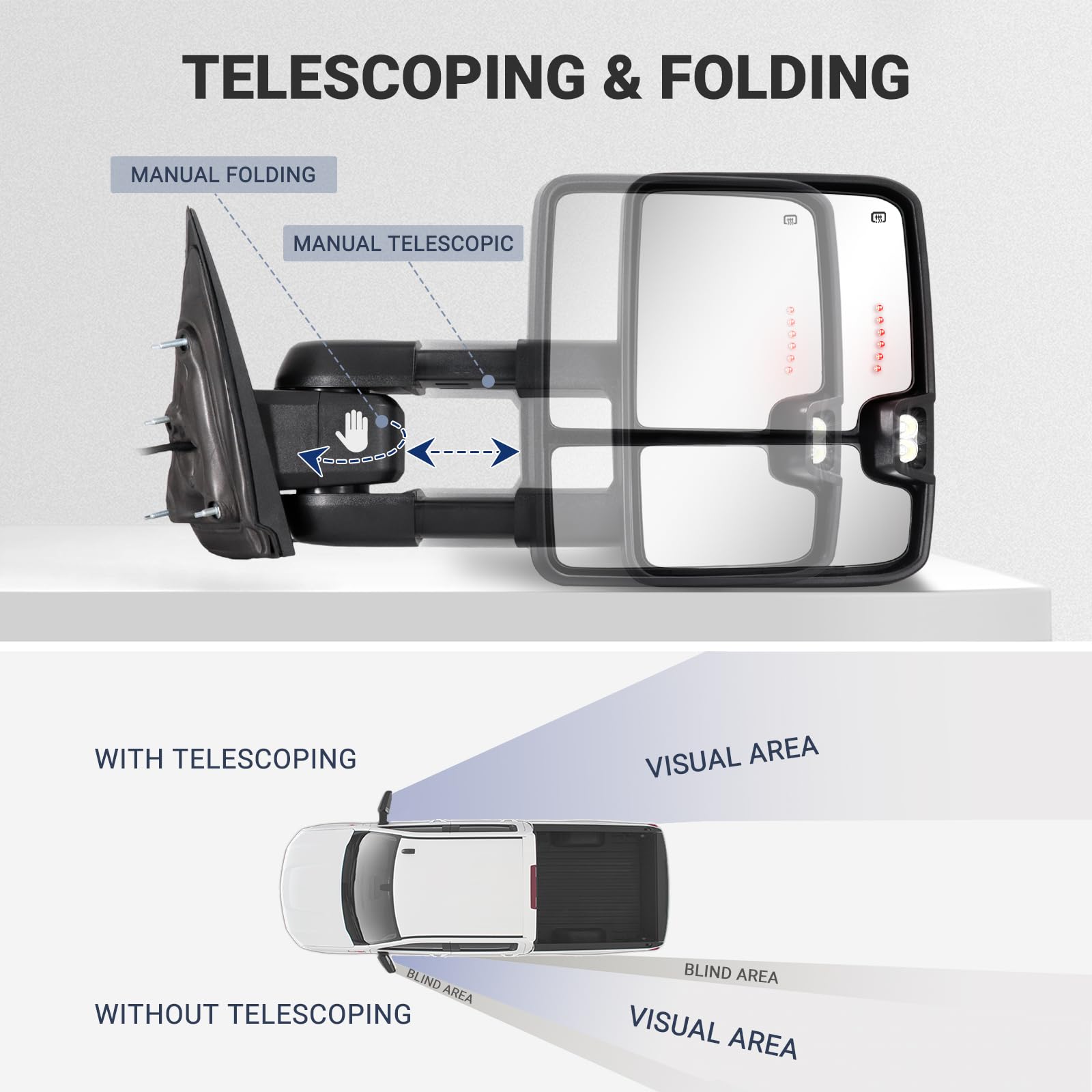 Switchback Towing Mirror for 2014-2018 Chevy Silverado 1500 & GMC Sierra 1500 | 2015-2019 Silverado 2500/3500 HD | Power Adjustable Heated Glass with Running & Turn Signal Lights | Enhanced Towing Safety & Night Driving Visibility