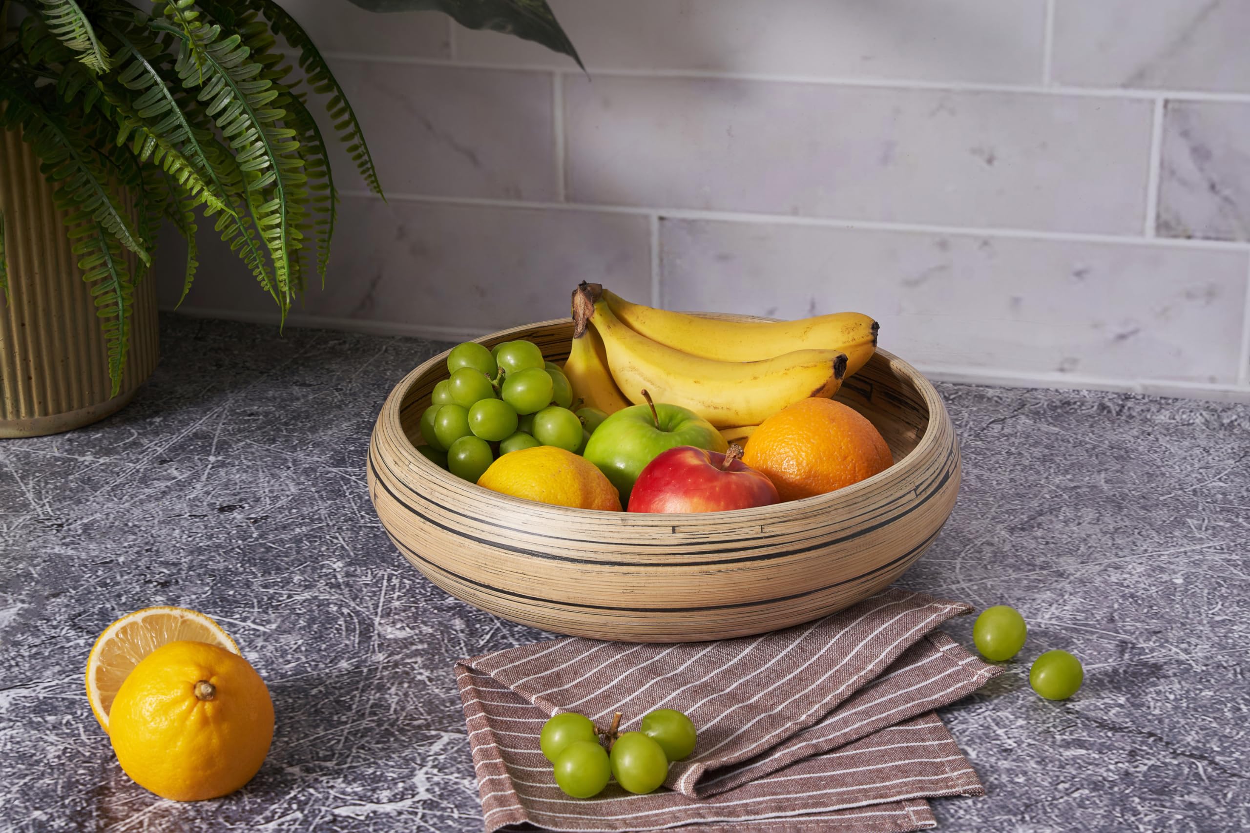 12 Inch Large Round LEXA Bamboo Fruit Bowl - Handcrafted Artisan Lacquered Wooden Serving Bowl for Kitchen Counter, Candy, Fruits & Home Decor (Black) | Perfect for Entertaining, Dining Room Centerpiece & Farmhouse Style Kitchen Accessories