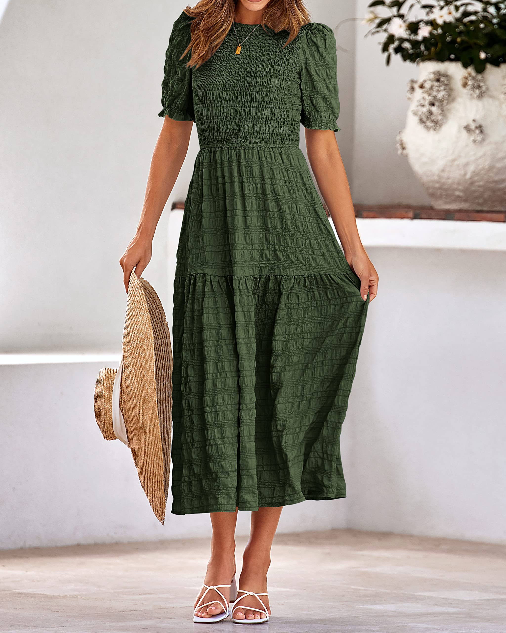 Dowerme Women's Summer Maxi Dress 2025 - Casual Short Sleeve Crewneck Smocked Boho Sundress with Puff Sleeves & Ruffle Hem | Perfect for Beach, Party, Vacation & Outdoor Events