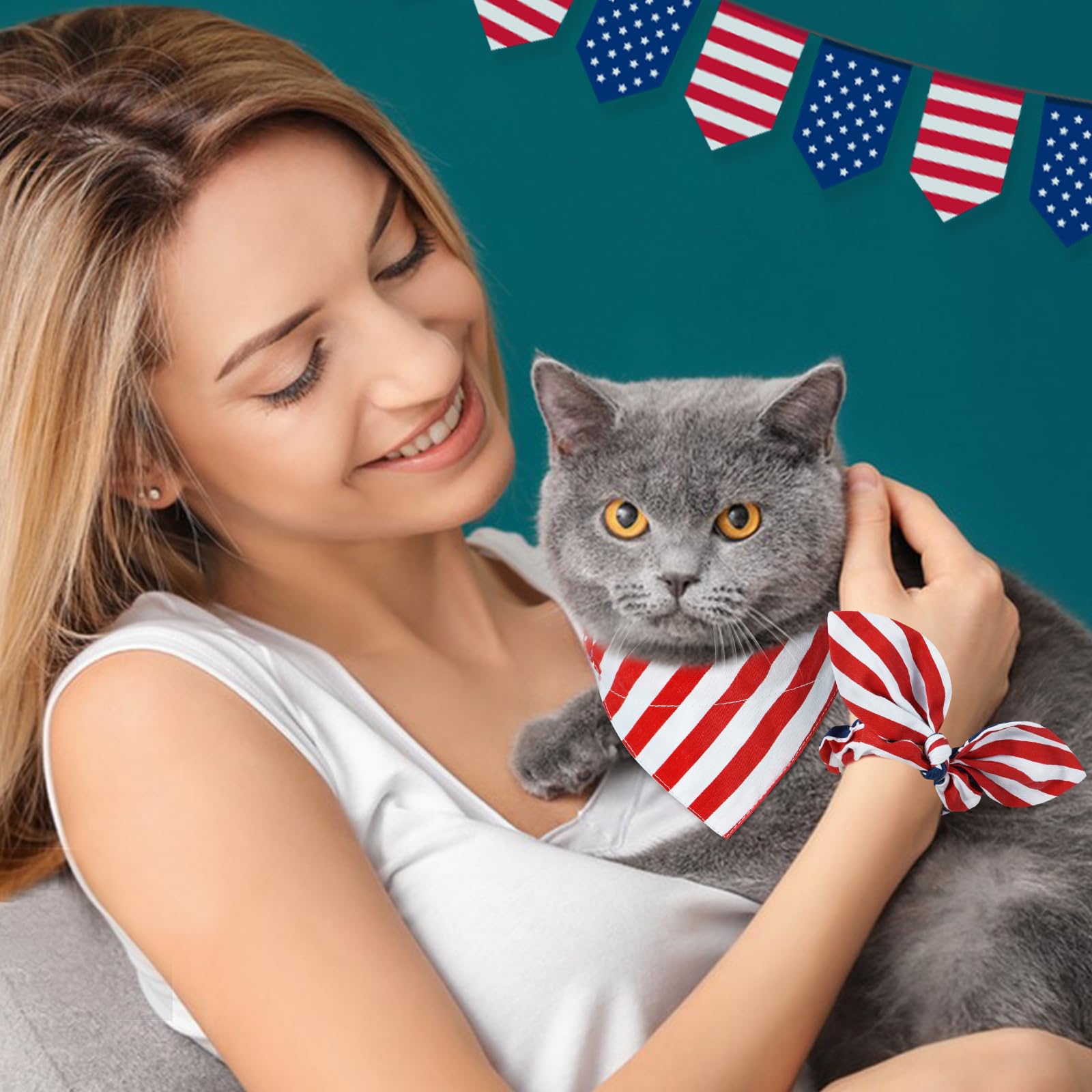 E-Clover Patriotic Cat Collar with American Flag Bandana & Matching Scrunchie - 4th of July Pet Accessories for Kittens - Blue Red White Pet Bibs - Perfect for Independence Day Celebrations & Gift for Cat Owners