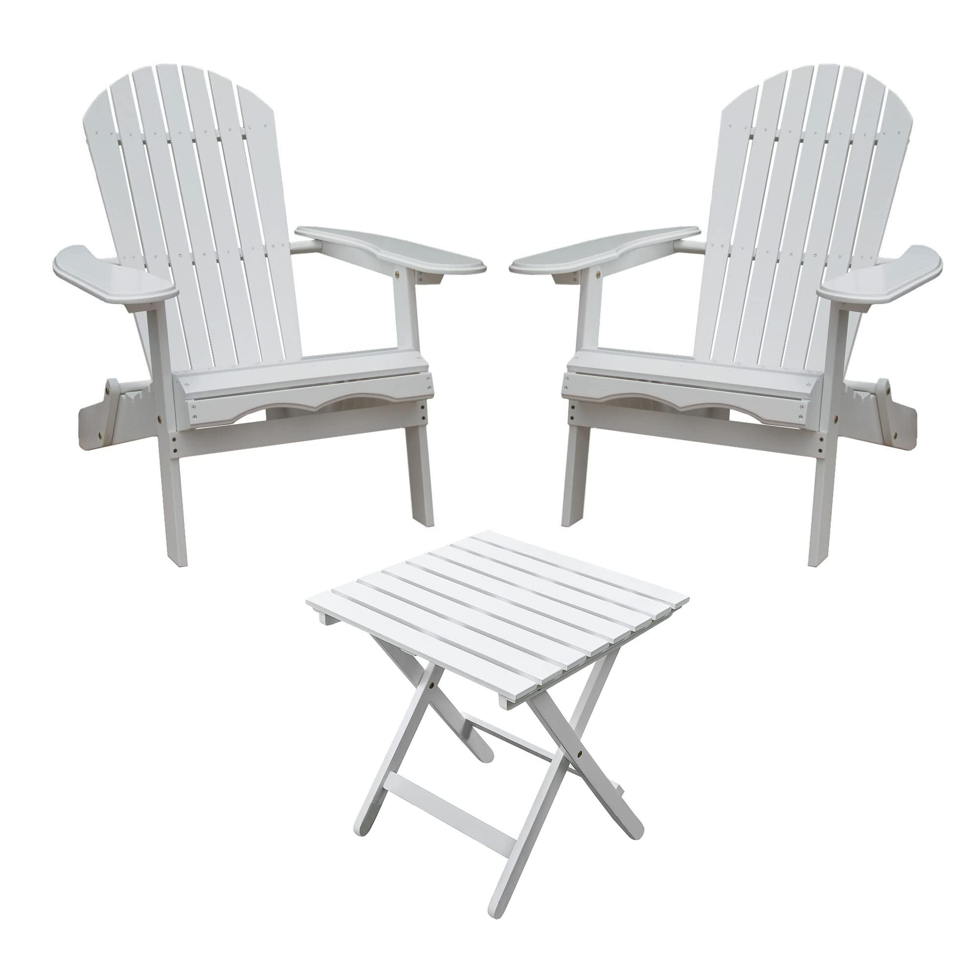 Premium 2-Pack White Foldable Wooden Adirondack Chairs with Acacia Hardwood Side Table - Outdoor Portable Lounge Set for Patio, Deck, Poolside & Garden Relaxation
