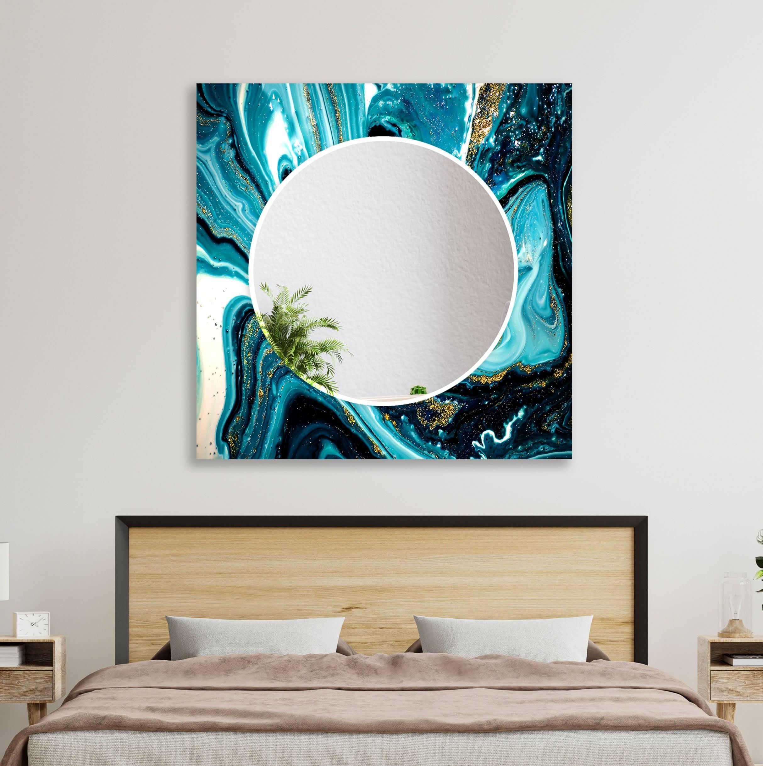 Stylish Blue and White Epoxy Wall Mirror - Modern Decorative Bathroom & Bedroom Vanity Mirror - Perfect for Home Decor, Dressing Areas, and Interior Design Accents