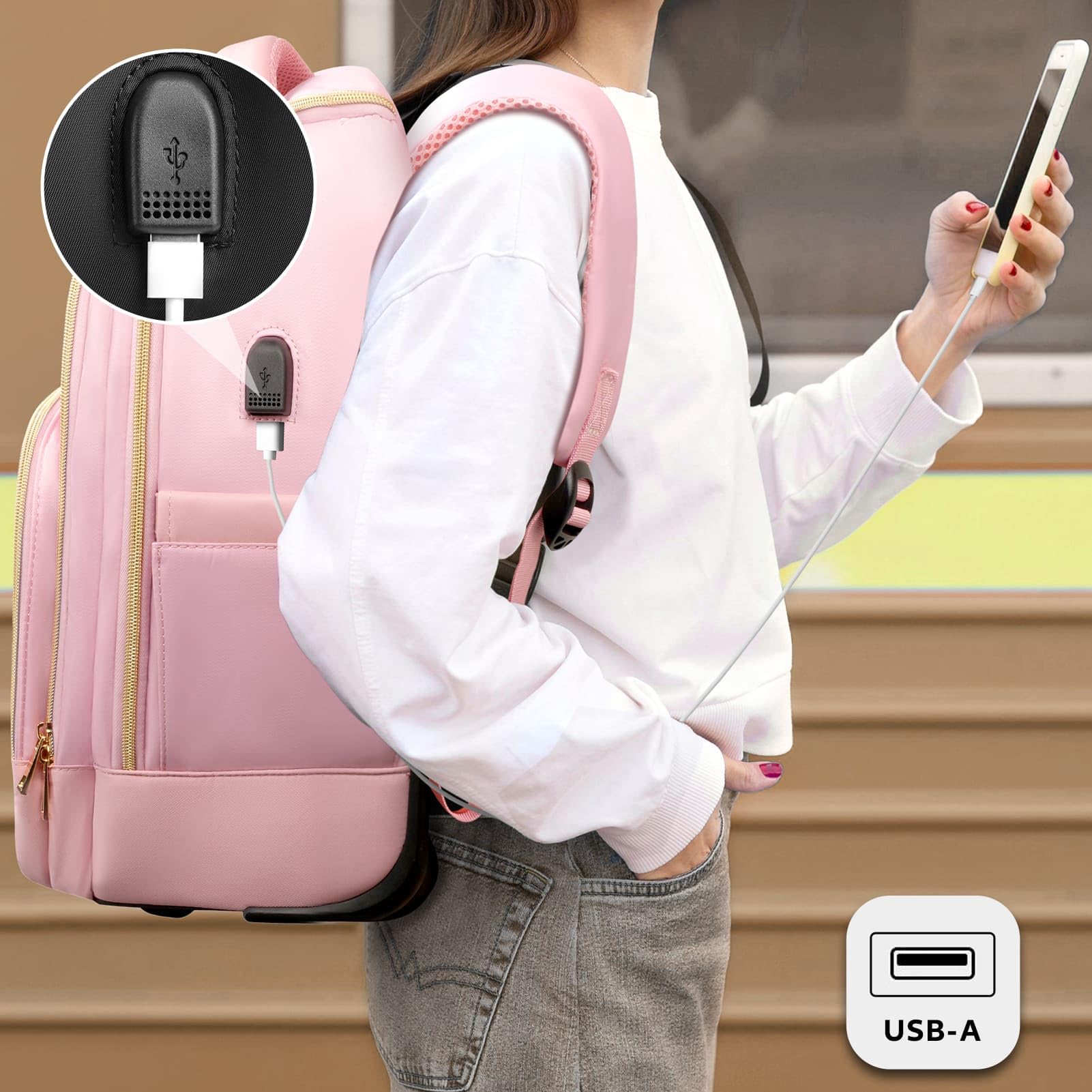 40L Rolling Backpack for Women - Pink Gold Wheeled Carry-On Luggage for Travel