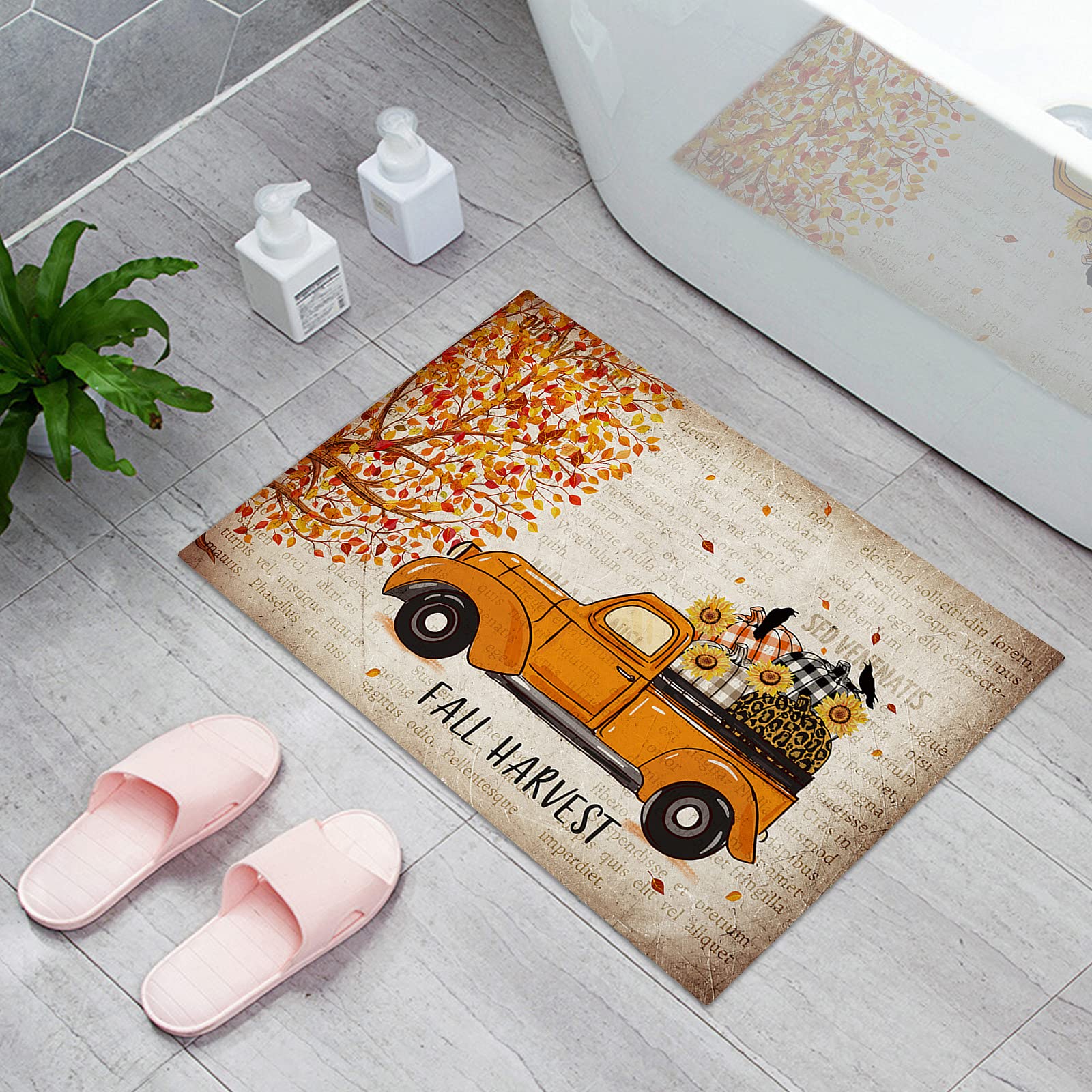 Non-Slip Absorbent Bath Rug & Doormat - Fall Maple Leaf Pumpkin Truck Sunflower Welcome Mat for Living Room, Bedroom, Bathroom, Front Door - Thanksgiving Retro Newspaper Design - Perfect for Indoor Entryways, Holiday Decor & Cozy Home Decor