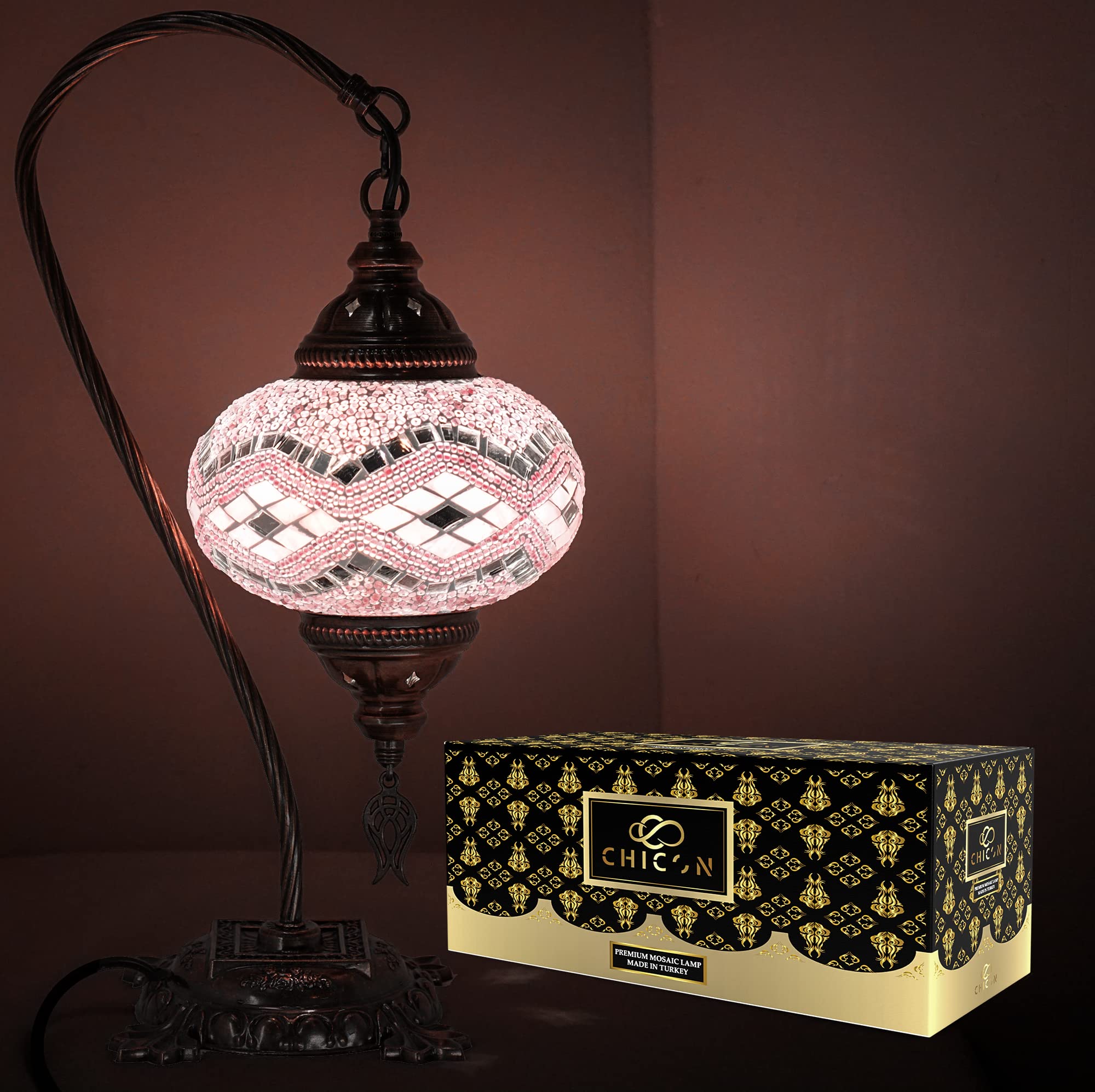 Handmade Mosaic Turkish Lamp - Genuine Glass Tiffany Style Boho Table Lamp with Swan Wave Design in Light Pink | Vintage Moroccan Decorative Lighting for Living Room, Bedroom & Home Decor