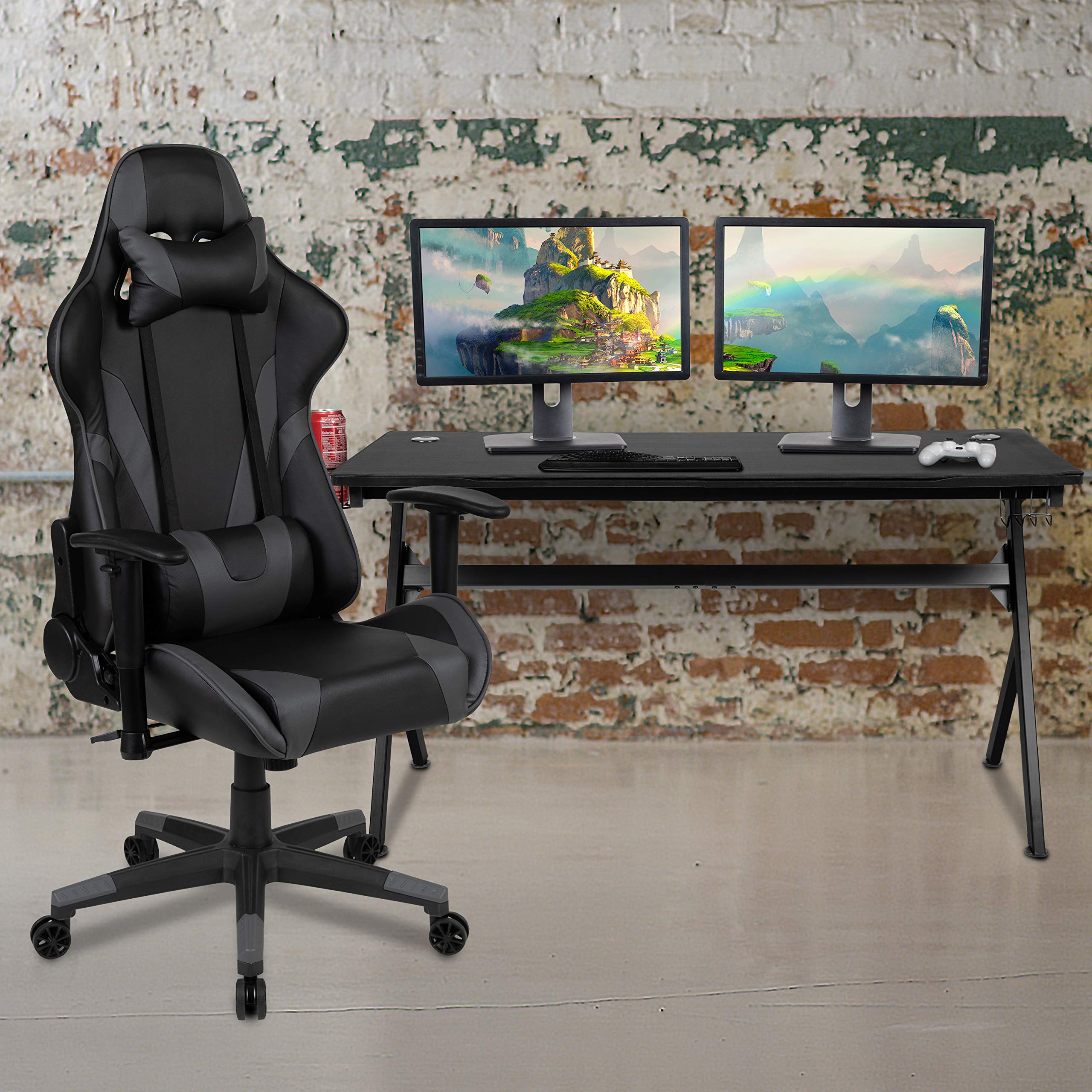 EMMA + OLIVER Black Gray Gaming Desk Bundle with Cup Holder, Headset Stand & Mouse Pad - Ergonomic Computer Desk for PC Gaming Setup, Home Office & Streaming Station