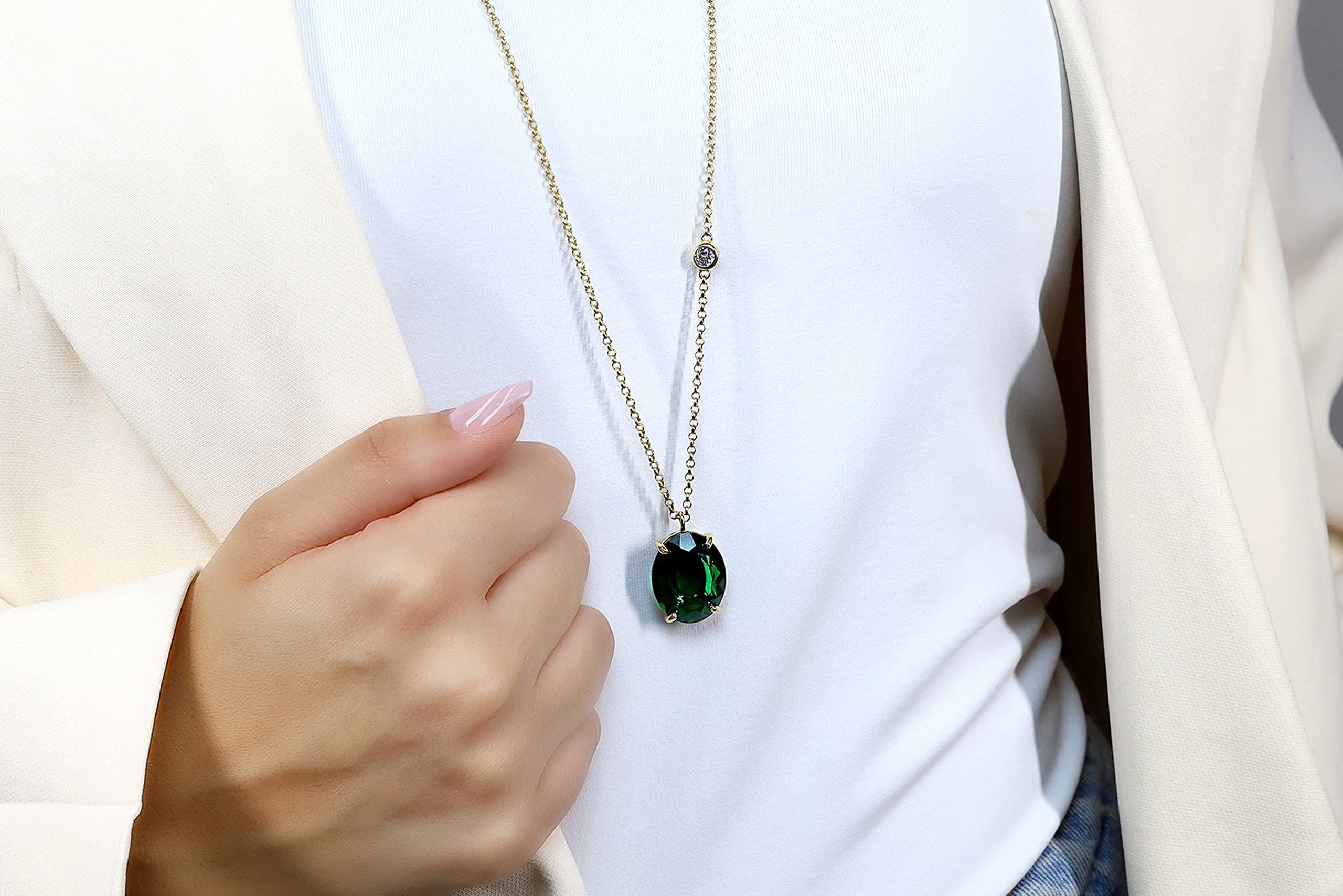 Long Gold Oval Emerald Gemstone Necklace - 14K Gold Filled Pendant with Cubic Zirconia - May Birthstone Jewelry for Women - Elegant Birthday Gift for Her | Perfect for Weddings, Anniversaries & Special Occasions