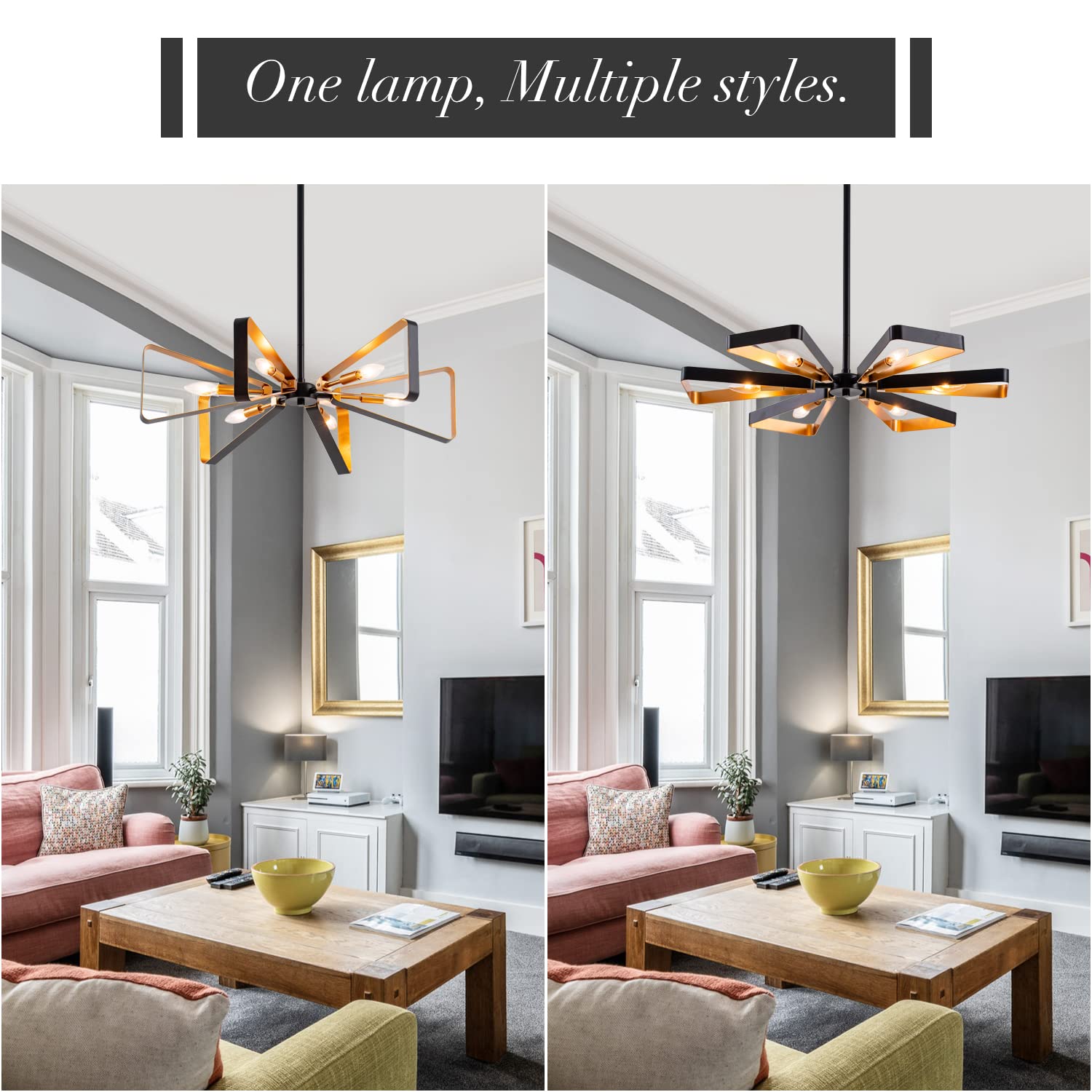 VILUXY Modern Geometric Pendant Light - 6-Light Mid-Century Chandelier with Matte Black & Brass Finish - Perfect for Dining Room, Kitchen, Living Room Lighting | Elegant Ceiling Fixture for Home Decor & Interior Design