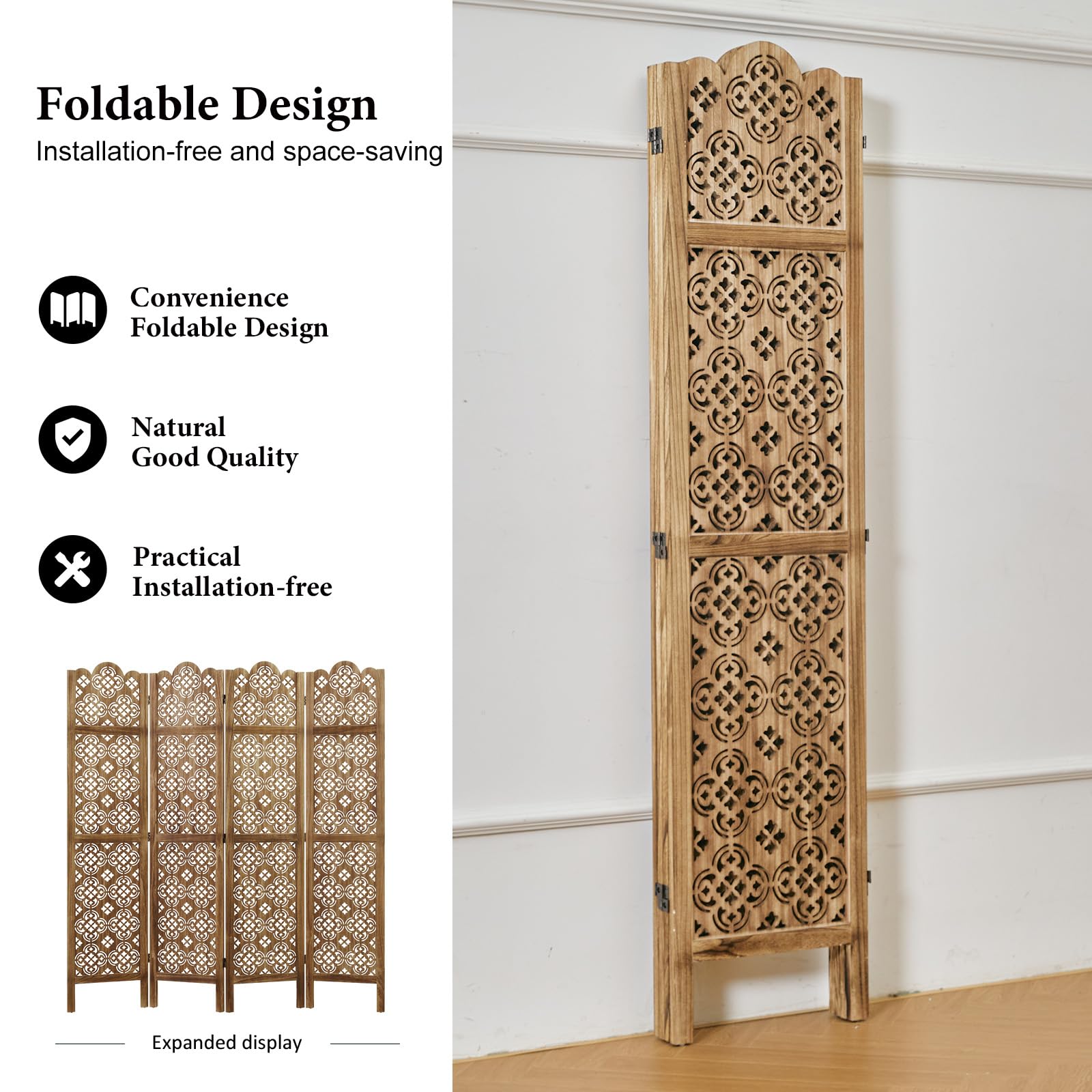 5.75Ft Wood Carved Room Divider - 4 Panel Folding Partition Screen for Home, Office, Garden & Terrace | Portable Indoor Privacy Screen in Antique Brown | Perfect for Space Separation, Decoration & Room Dividers