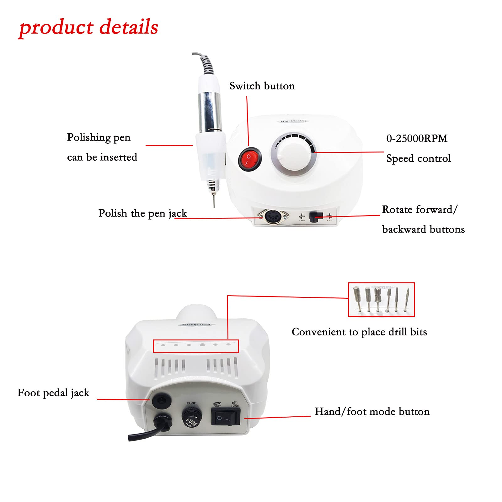 SoQte Professional 25000RPM Electric Nail Drill Machine Kit - Portable Nail File for Gel Nails, Manicure & Pedicure - Exfoliating & Polishing Tool (White) | Perfect for Home Salon, Nail Art & DIY Nail Care