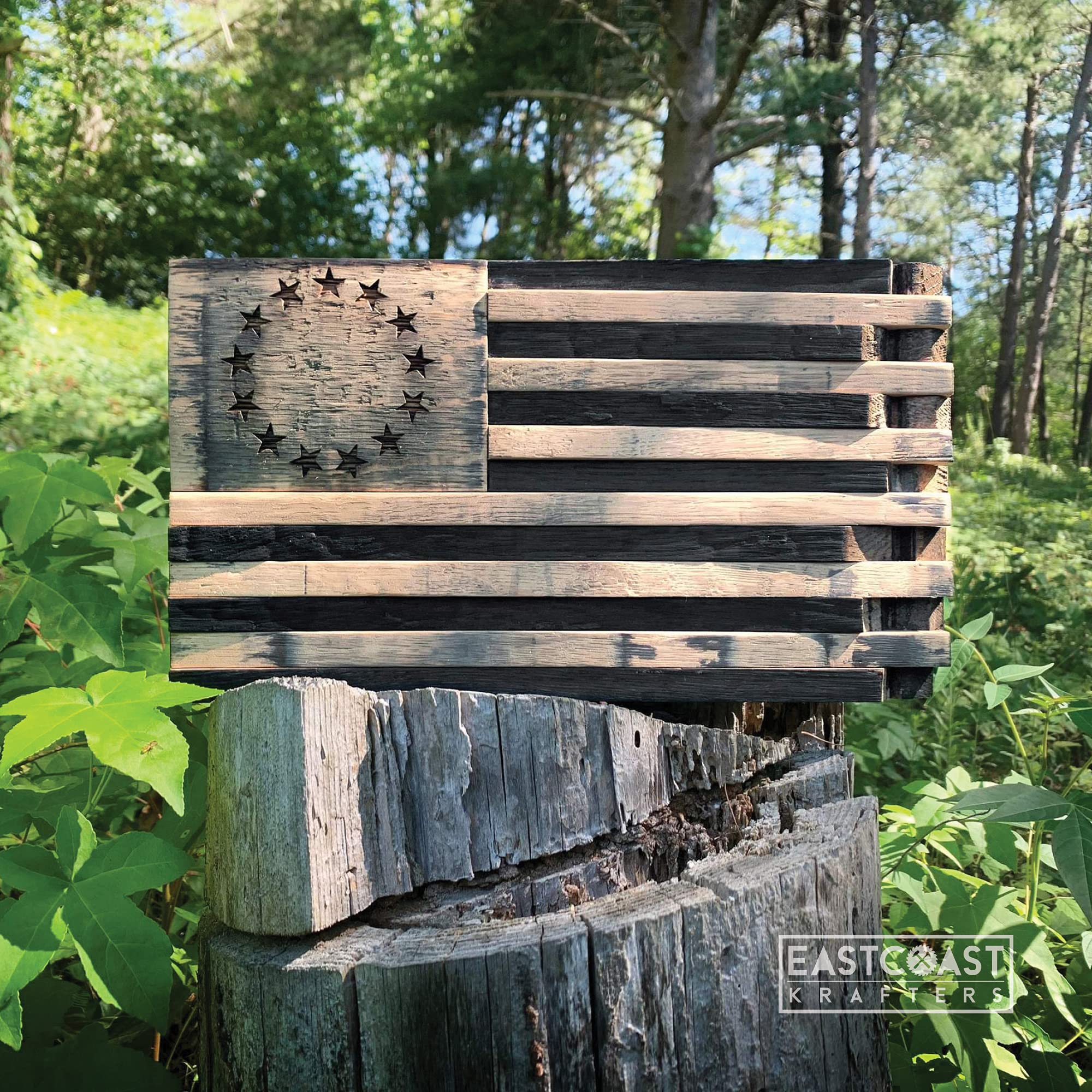 Handmade Bourbon Barrel Stave Gadsden Flag Display - American Made Wooden Wall Decor - Perfect for Home, Office, or Man Cave Decorating