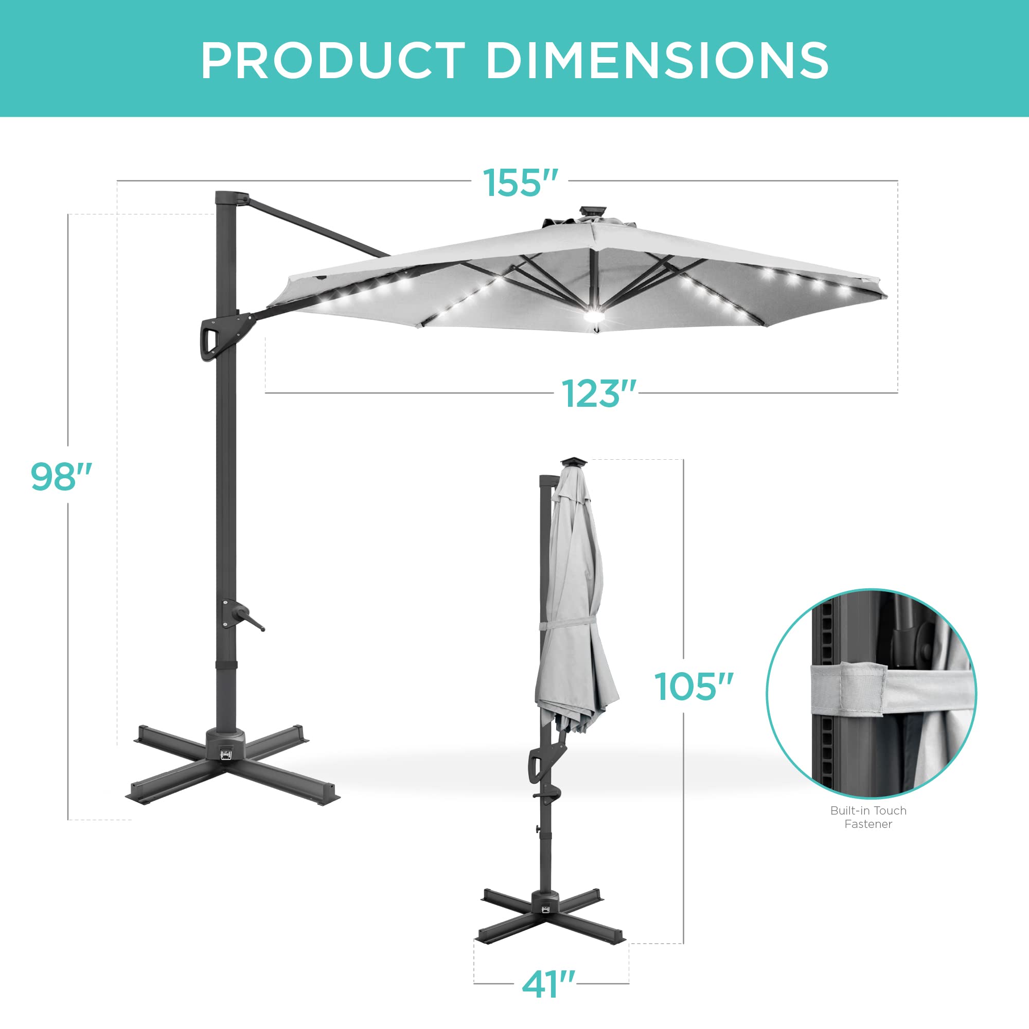 Best Choice Products 10ft Solar LED Cantilever Patio Umbrella - 360° Rotating Hanging Offset Outdoor Sun Shade with Lights for Backyard, Deck, Poolside - Easy Tilt & Cross Base - Perfect for Outdoor Dining, Lounging and Summer Entertaining