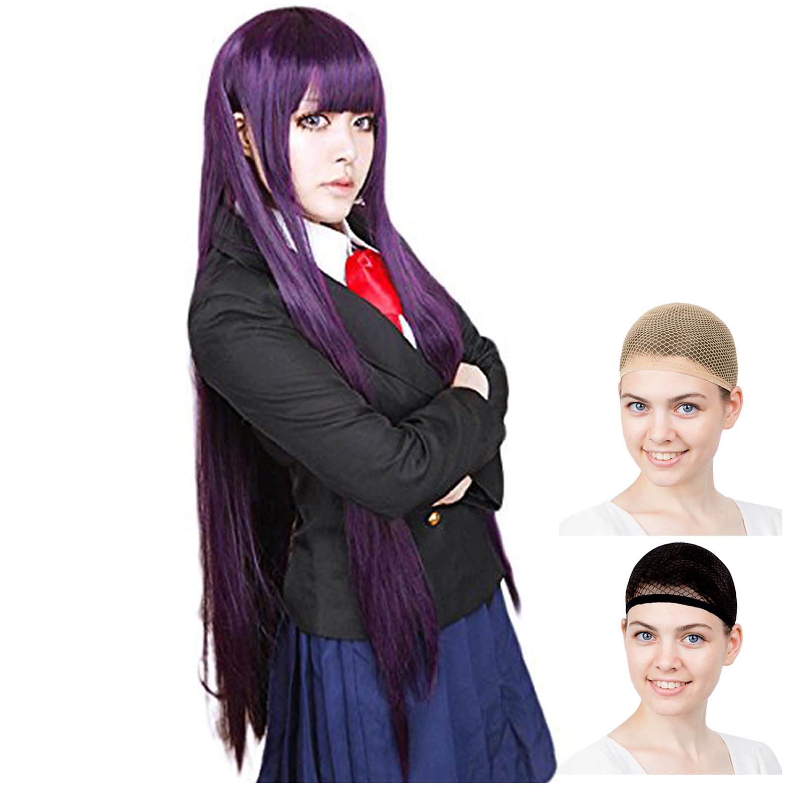 2-Pack Heat Resistant 100cm Long Straight Cosplay Wigs - Purple Black & Dark Purple (Japan Import) with Stand & Hair Net - Perfect for Anime Conventions, Halloween & Costume Parties