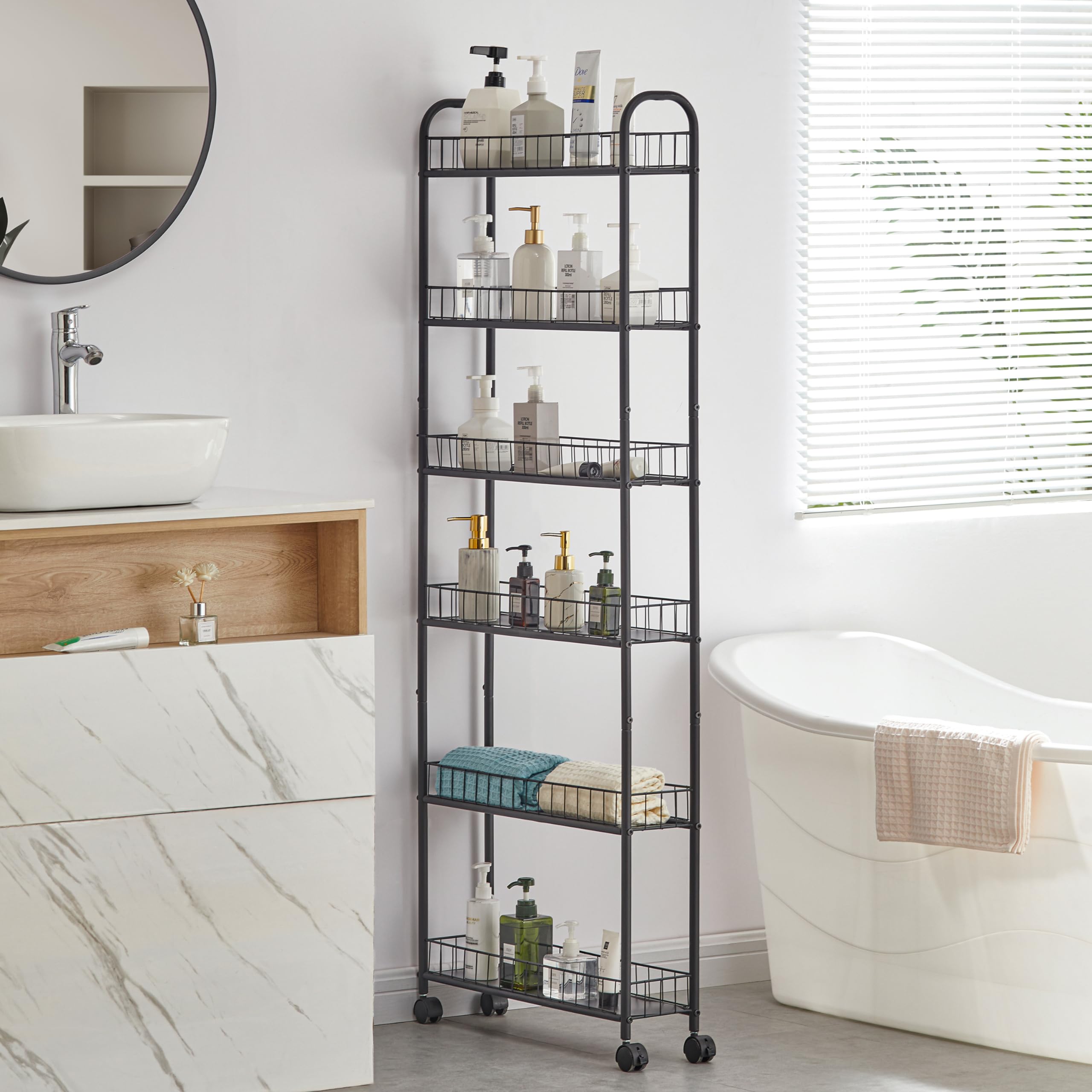 JOIN IRON 6-Tier Slim Rolling Storage Cart - Ultra-Thin Metal Utility Cart with Wheels for Kitchen, Bathroom, Bedroom, Office - Space-Saving Organizer (6
