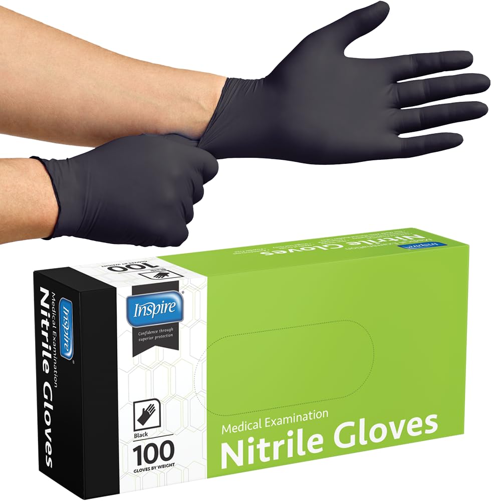 **Inspire Black Nitrile Gloves - Latex-Free Disposable Gloves for Cooking, Cleaning & Medical Use | Premium Quality, Durable & Comfortable (4.5 mil) - Ideal for Food Handling, Healthcare & Household Tasks**