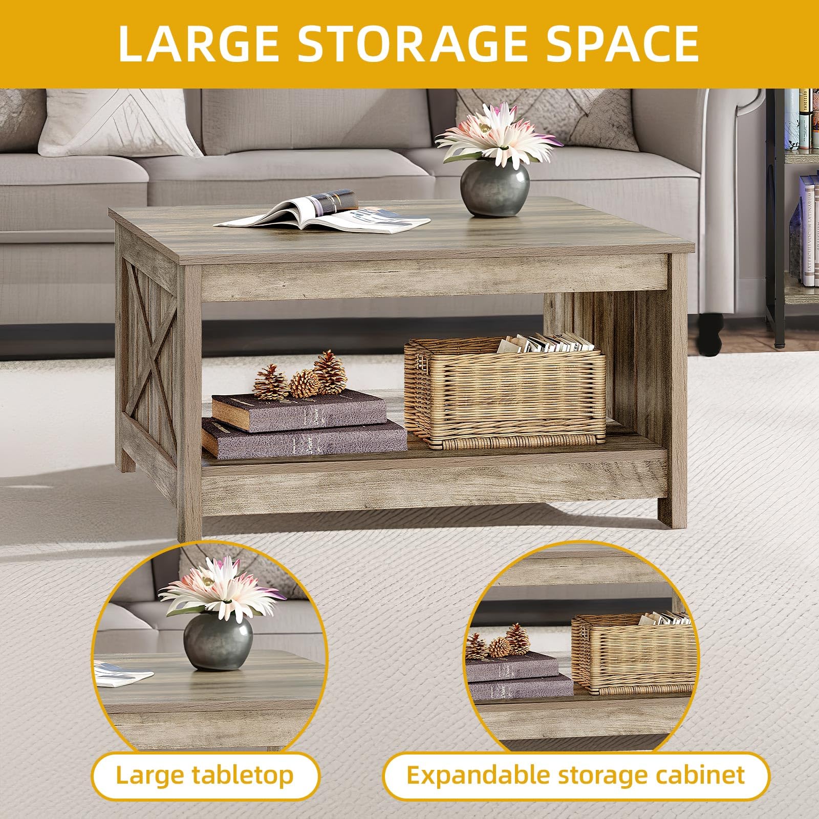 Farmhouse Square Coffee Table with 2-Tier Storage - Rustic Grey Wood Center Table for Living Room | Half Open Storage Compartment | Perfect for Small Spaces, Home Decor & Cozy Gatherings