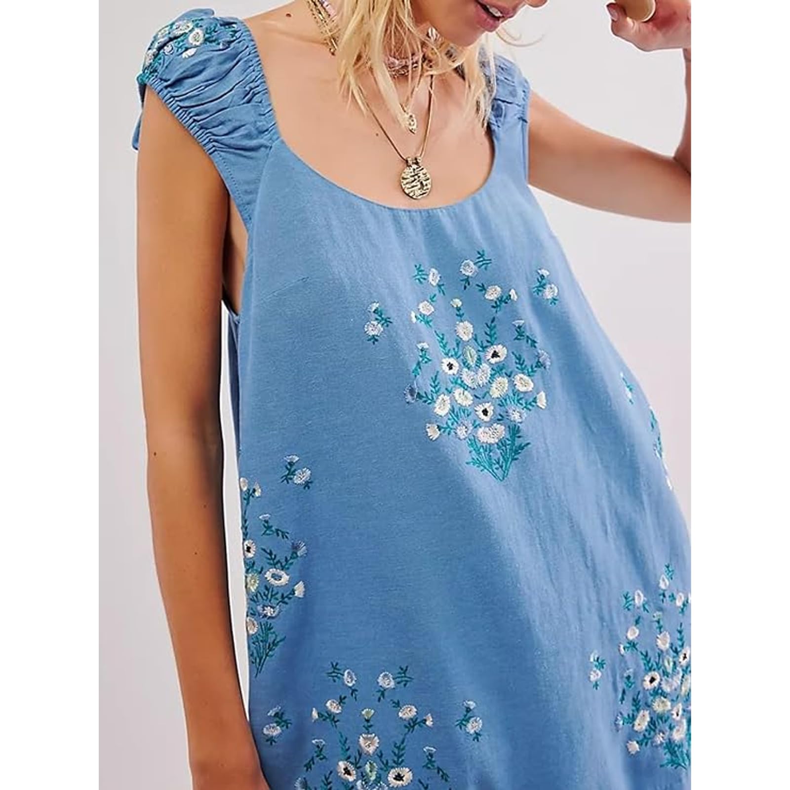 Women's Floral Embroidered Sleeveless Backless Mini Sundress - Casual Beach Dress for Summer Vacation, Pool Party, and Tropical Getaways
