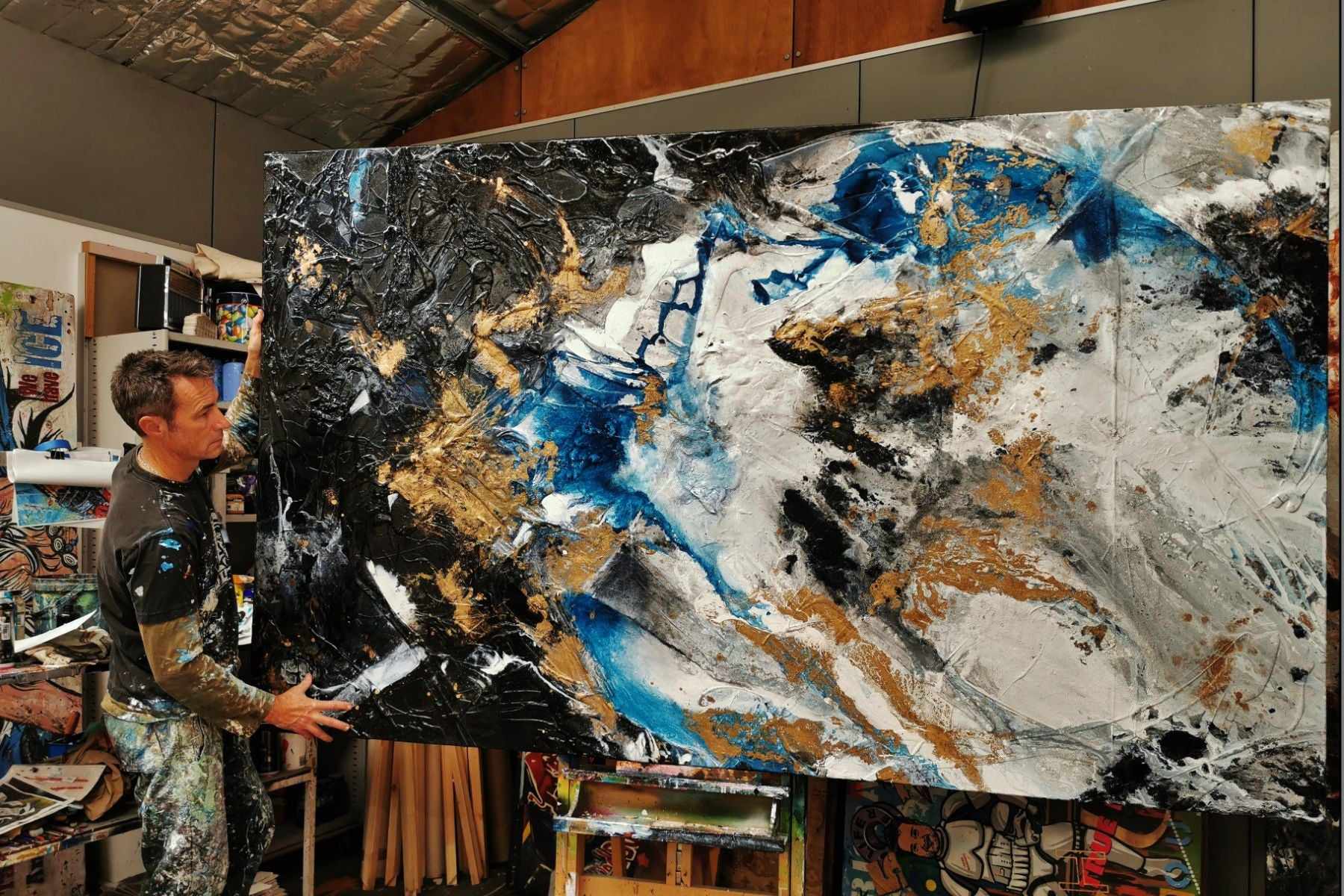 Golden Cobalt 250cm x 150cm Blue Black Grey Gold Textured Abstract Canvas Art - Modern Large Wall Painting for Living Room, Bedroom & Office Decor