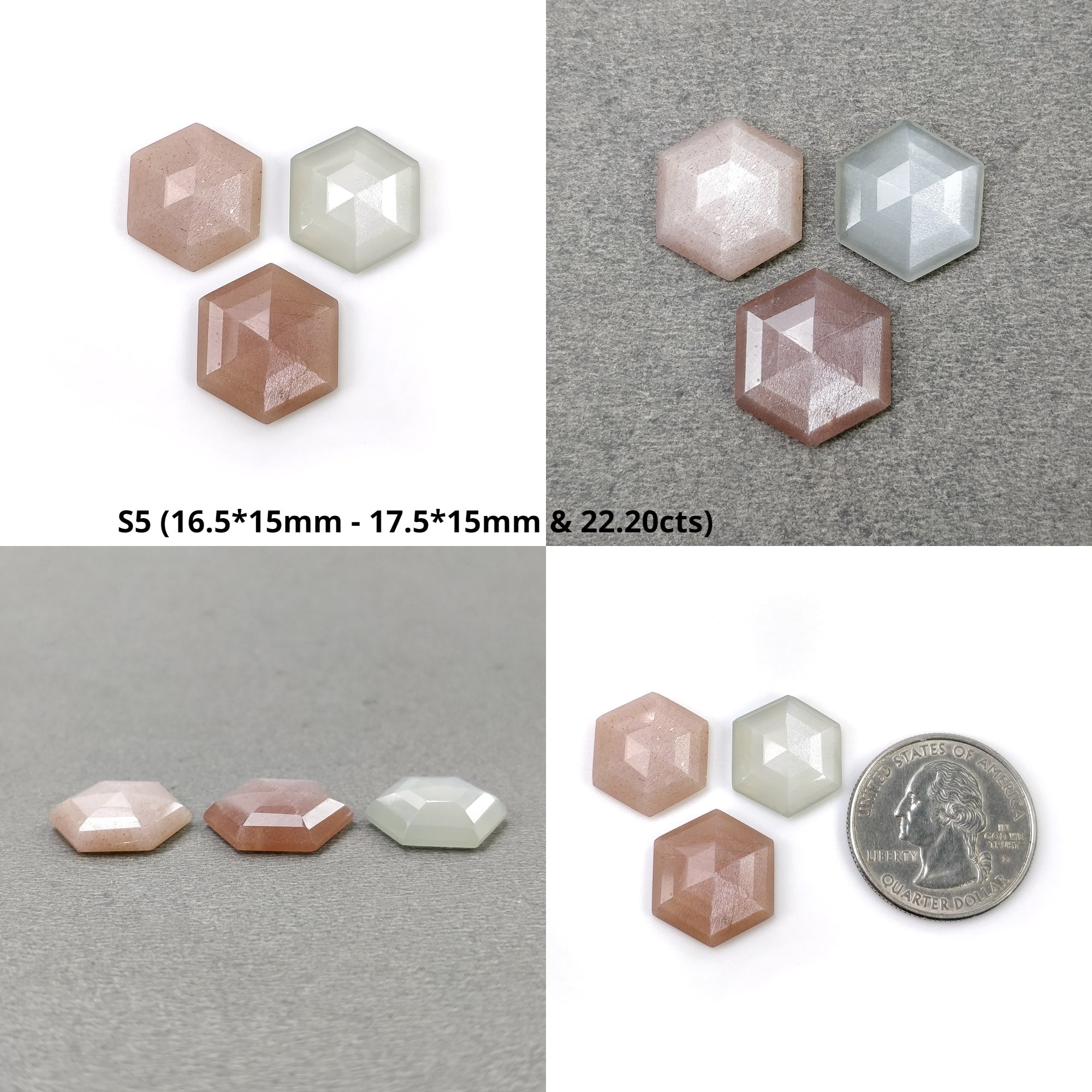 Natural Untreated Moonstone Gemstone - Hexagon Step Cut Multi-Color Loose Stones (3pcs) for Jewelry Making, Healing Crystals & Spiritual Gifts