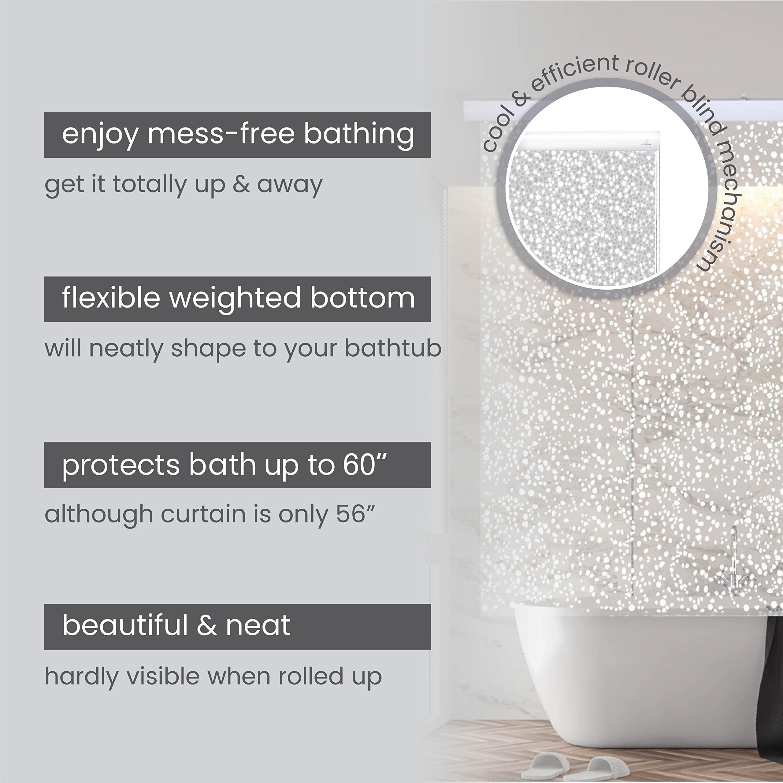 Waterproof Rollup Shower Curtain - 100% PEVA Heavy Duty Bathroom Shade - No Rods/Hooks/Rings Needed (56x95 Inches, Sparkle) - Perfect for Small Bathrooms & Bathtub Privacy