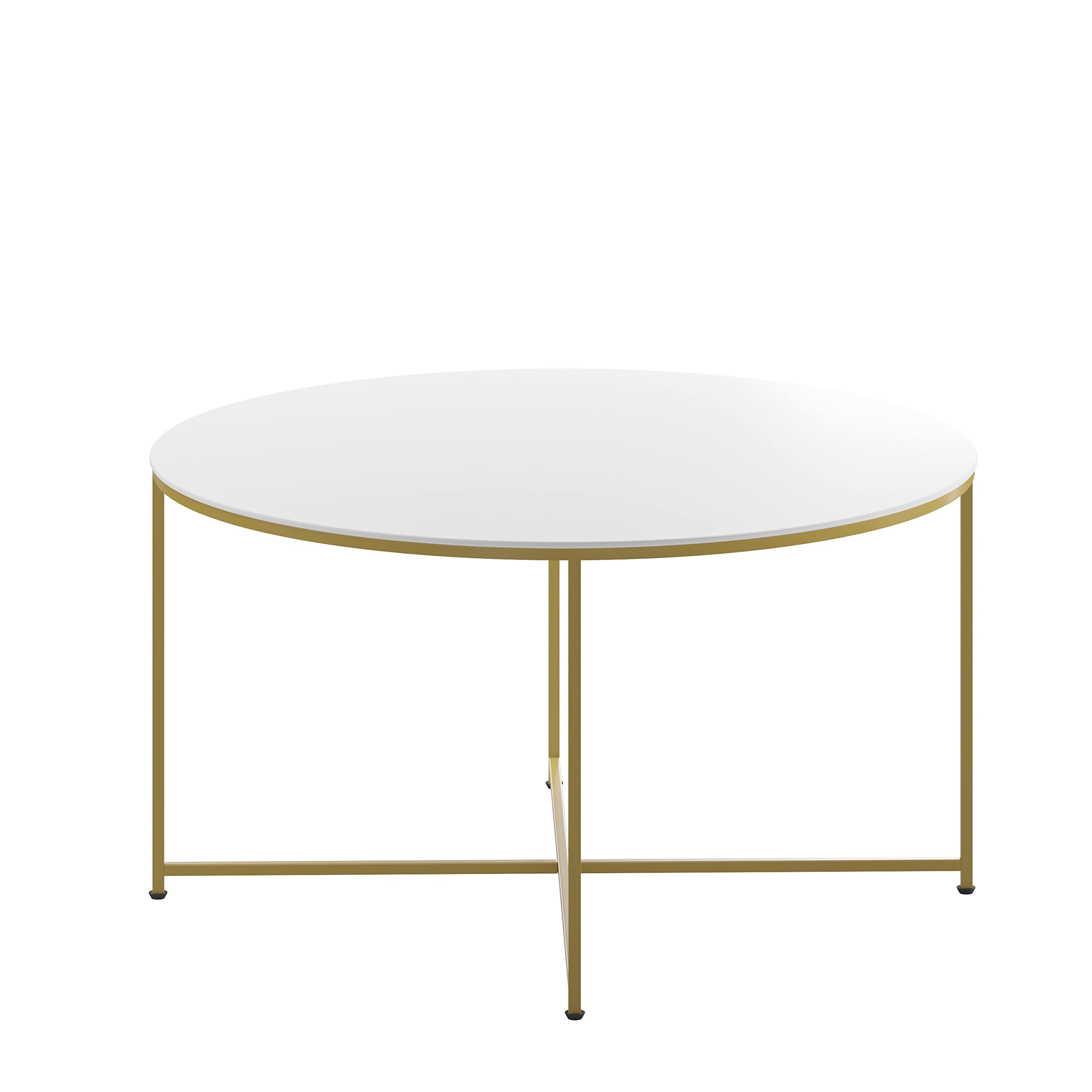 Modern White Finish Coffee Table with Crisscross Brushed Gold Frame - Hampstead Collection - Stylish Living Room Furniture for Home Decor & Entertaining