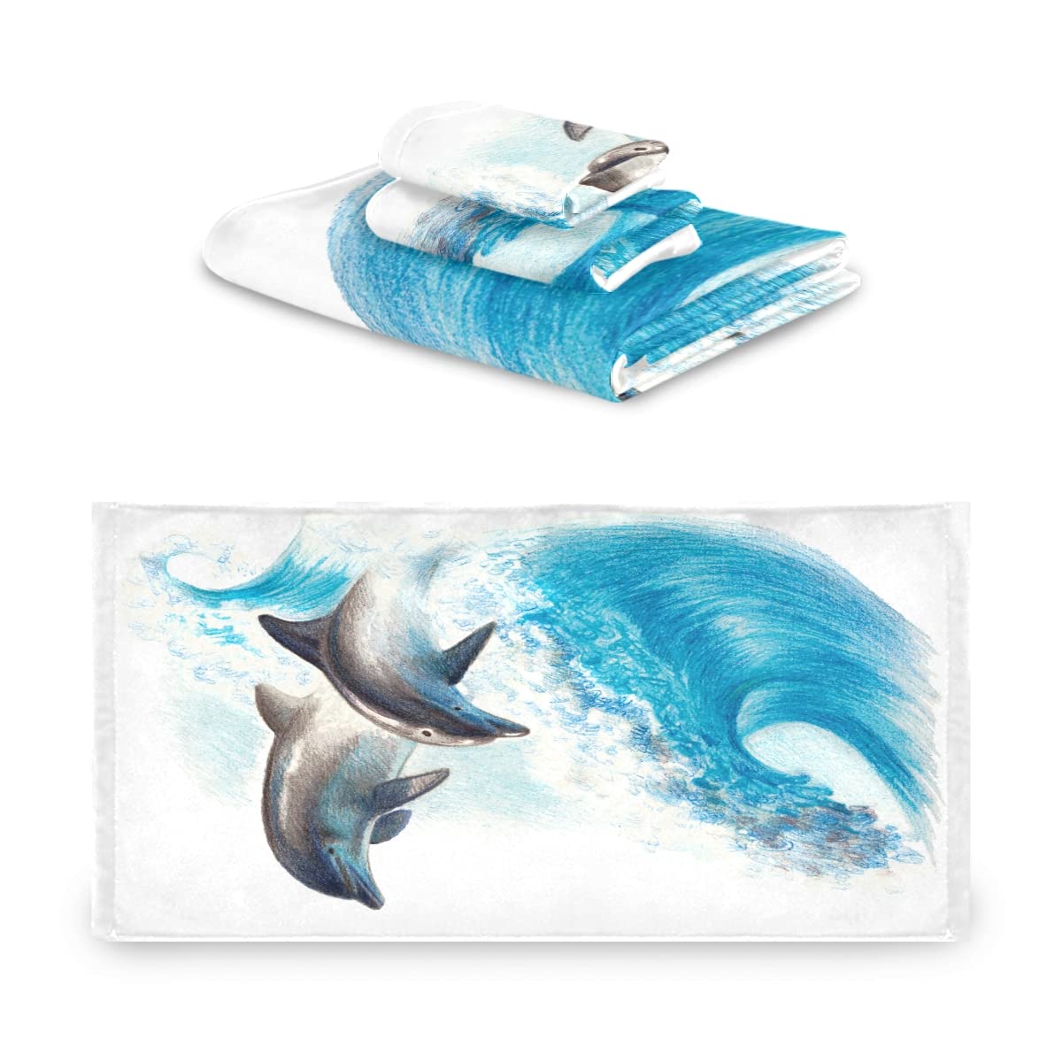 3-Piece Nautical Dolphin Bath Towel Set - Super Absorbent, Soft & Quick-Dry Cotton Bath Sheets for Bathroom, Beach & Pool Use