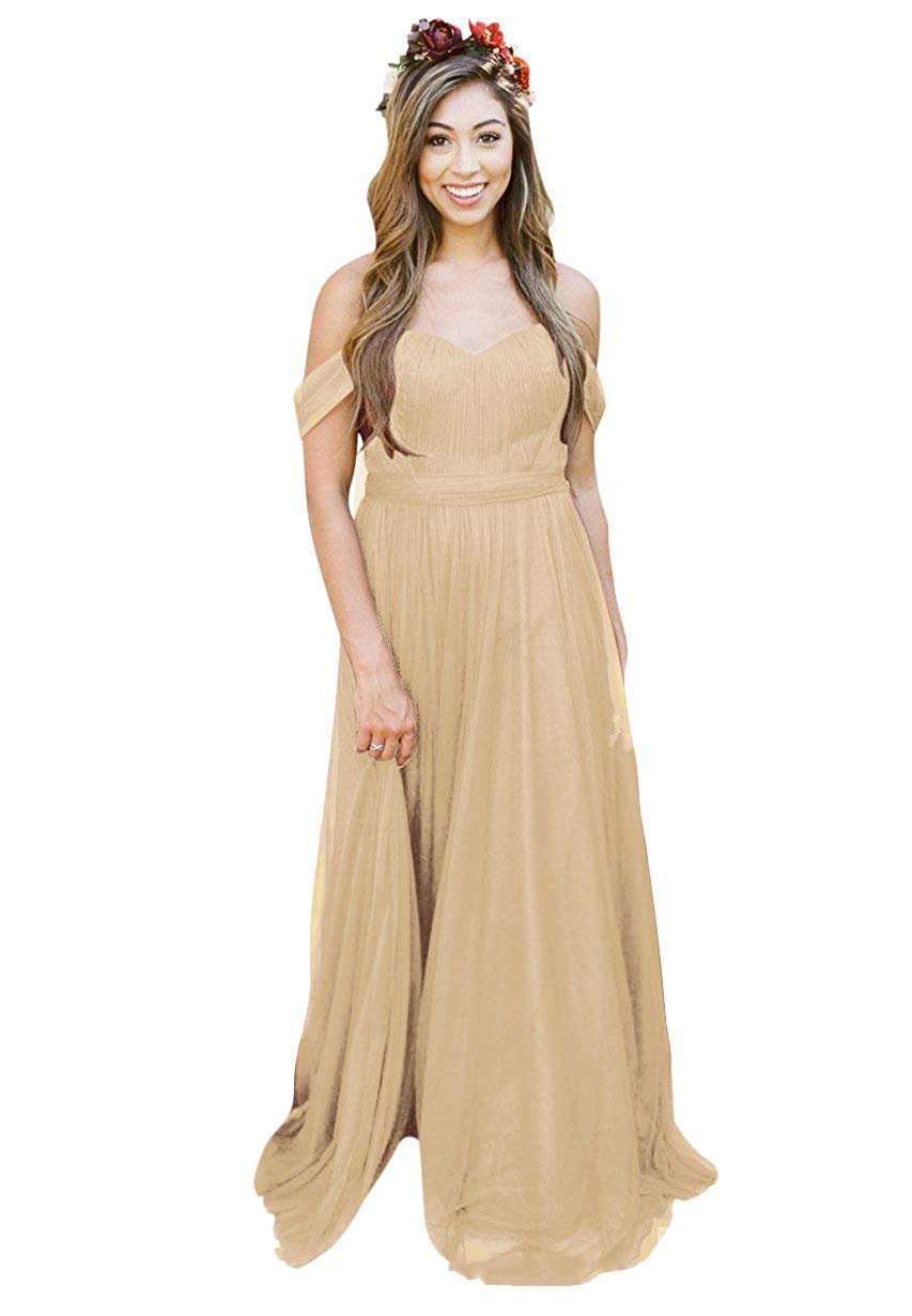 Elegant Off Shoulder Long Bridesmaid Dress - Sweetheart Neckline Tulle Wedding Party Gown for Prom & Formal Events - Perfect for Bridal Showers, Evening Galas & Special Occasions