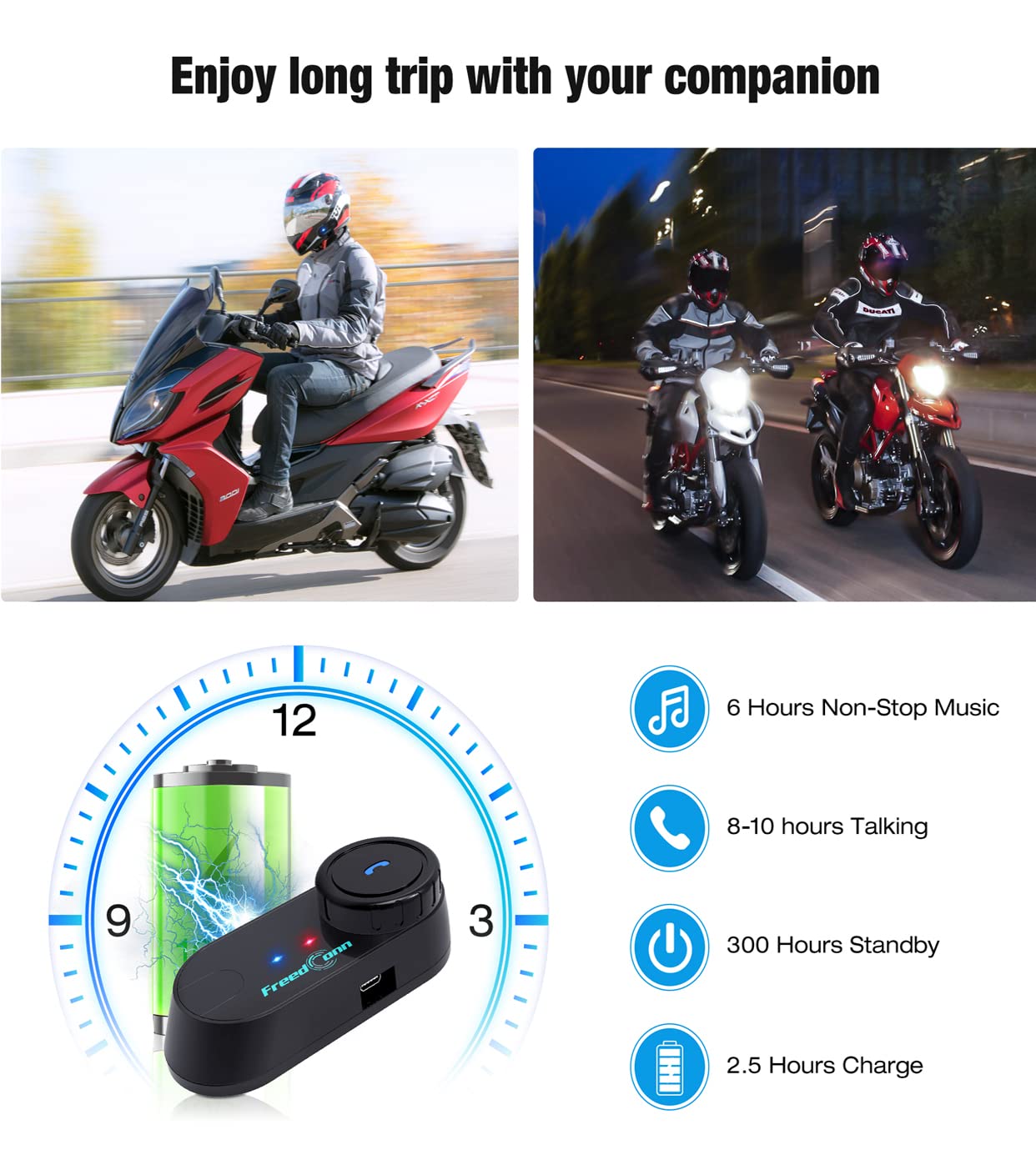 FreedConn Bluetooth Motorcycle Headset & TCOM VB Helmet Bluetooth Headset - 2-Way 800M Intercom, Universal Motorcycle Communication System Kit for Ski/ATV/Dirt Bike (FM/IP65/2-in-1 Mic/Siri Compatible) - 2 Pack - Perfect for Group Riding, Adventure Tours & Outdoor Sports