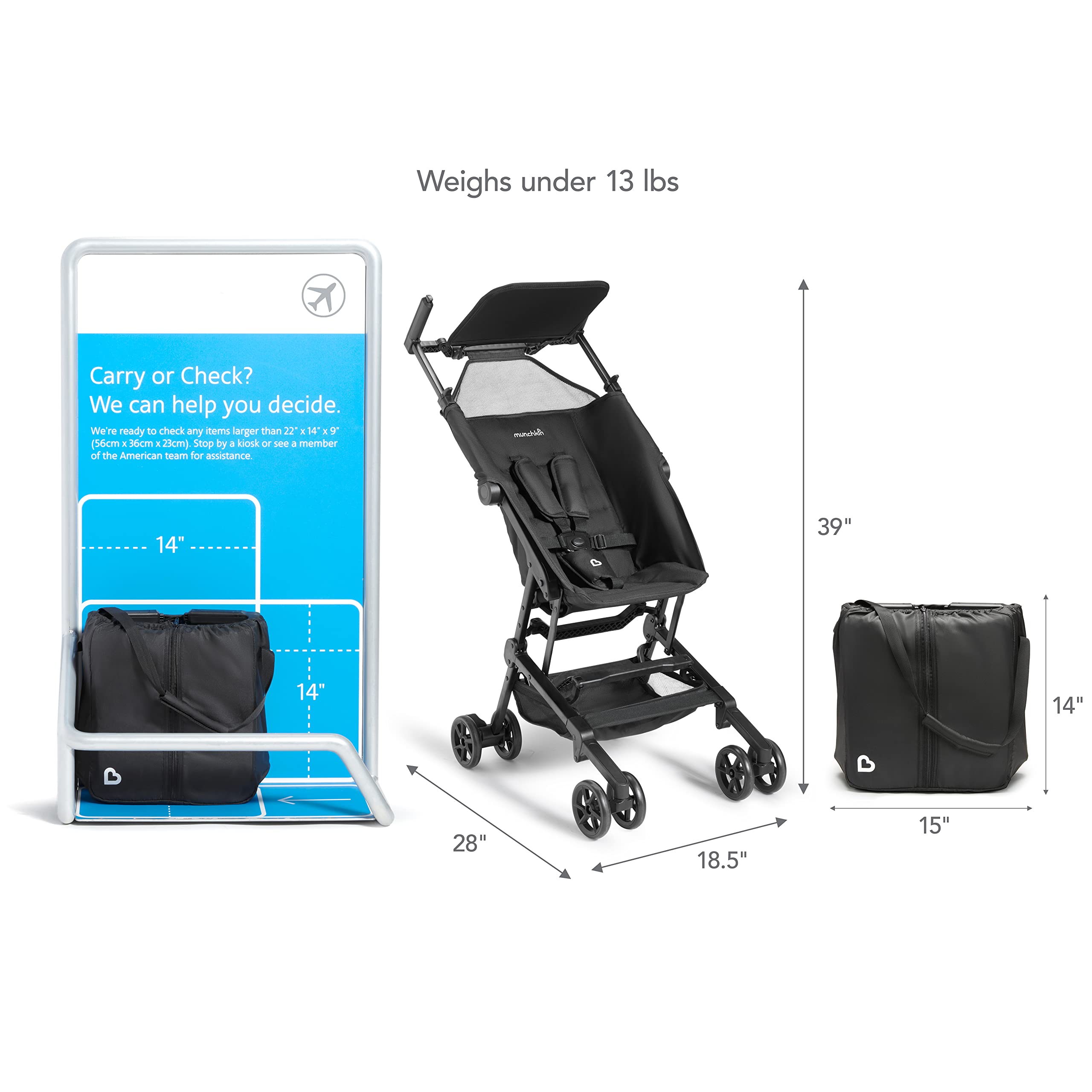 Munchkin Sparrow Ultra Compact Lightweight Travel Stroller for Babies & Toddlers with Organizer Bag - Black | Perfect for Air Travel, Shopping & Daily Outings