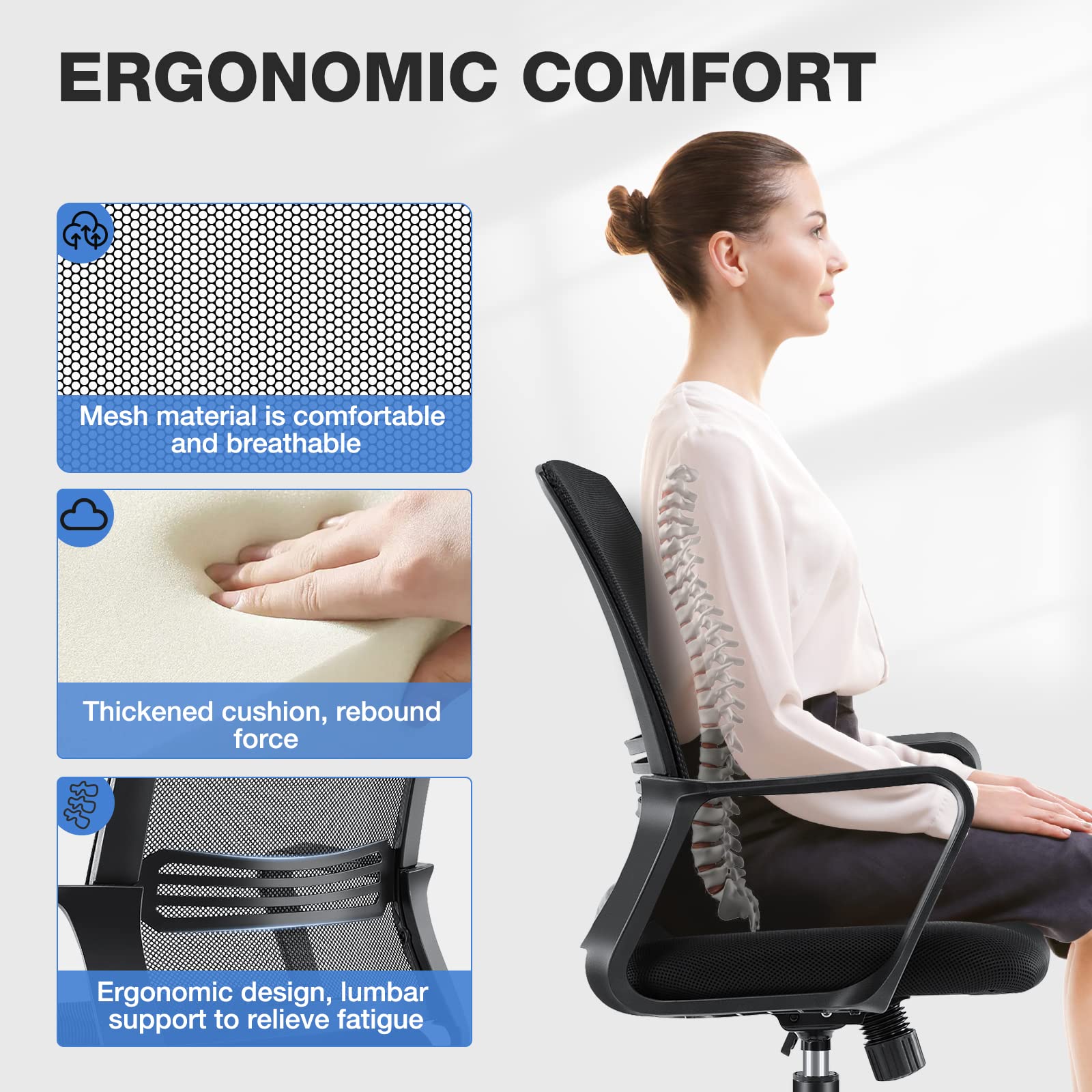 Ergonomic Office Chair with Wheels & Lumbar Support - Adjustable Mid Back Computer Desk Chair with Armrests for Home & Work - Comfortable Task Chair for Long Hours Sitting (Black) - Perfect for Home Office, Gaming & Workspaces