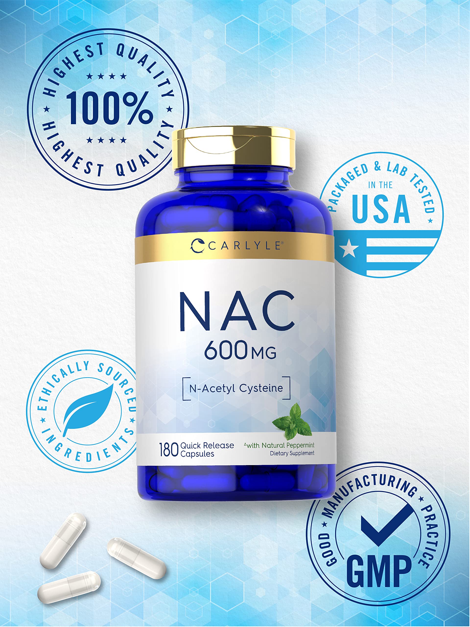 Carlyle NAC N-Acetyl Cysteine 600mg Supplement - 180 Capsules with Peppermint | Free Form, Non-GMO, Gluten Free | Supports Liver Health & Detox | for Daily Wellness & Immune Support