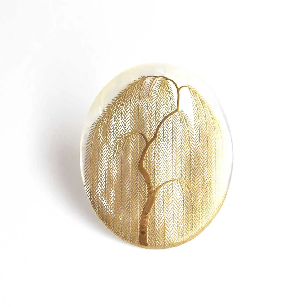 Exquisite Japanese Maki-e Urushi Lacquer Brooch with White South Sea Pearl Shell & Willow Tree Design - Traditional Handcrafted Jewelry for Women, Gift for Brides, Formal Occasions & Special Events