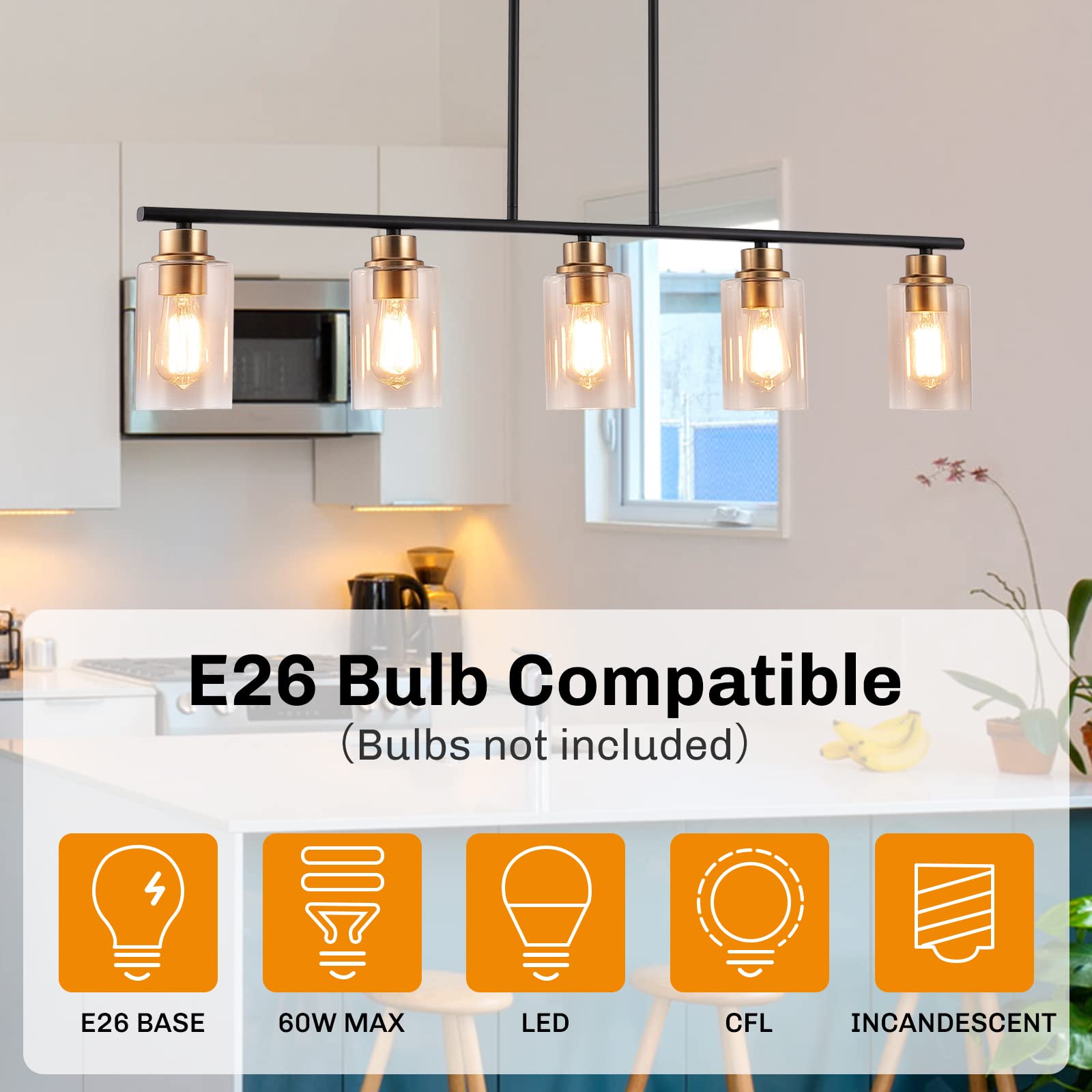 5-Light Farmhouse Industrial Pendant Lighting for Kitchen Island - Matte Black & Gold with Clear Glass Shade - Perfect for Dining Room, Living Room & Kitchen Decor