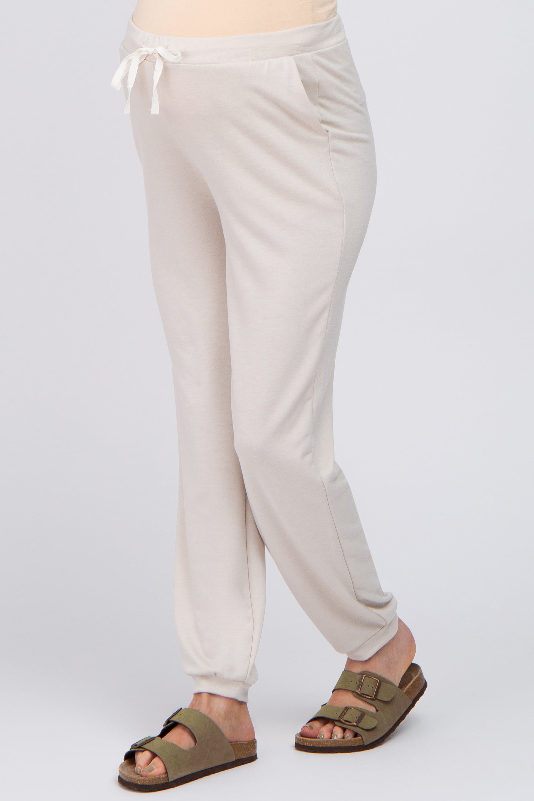 Beige Contrast Maternity Jogger Pants for Women - Comfortable Stretchy Pregnancy Workout Leggings with Pockets | Perfect for Yoga, Running & Everyday Wear