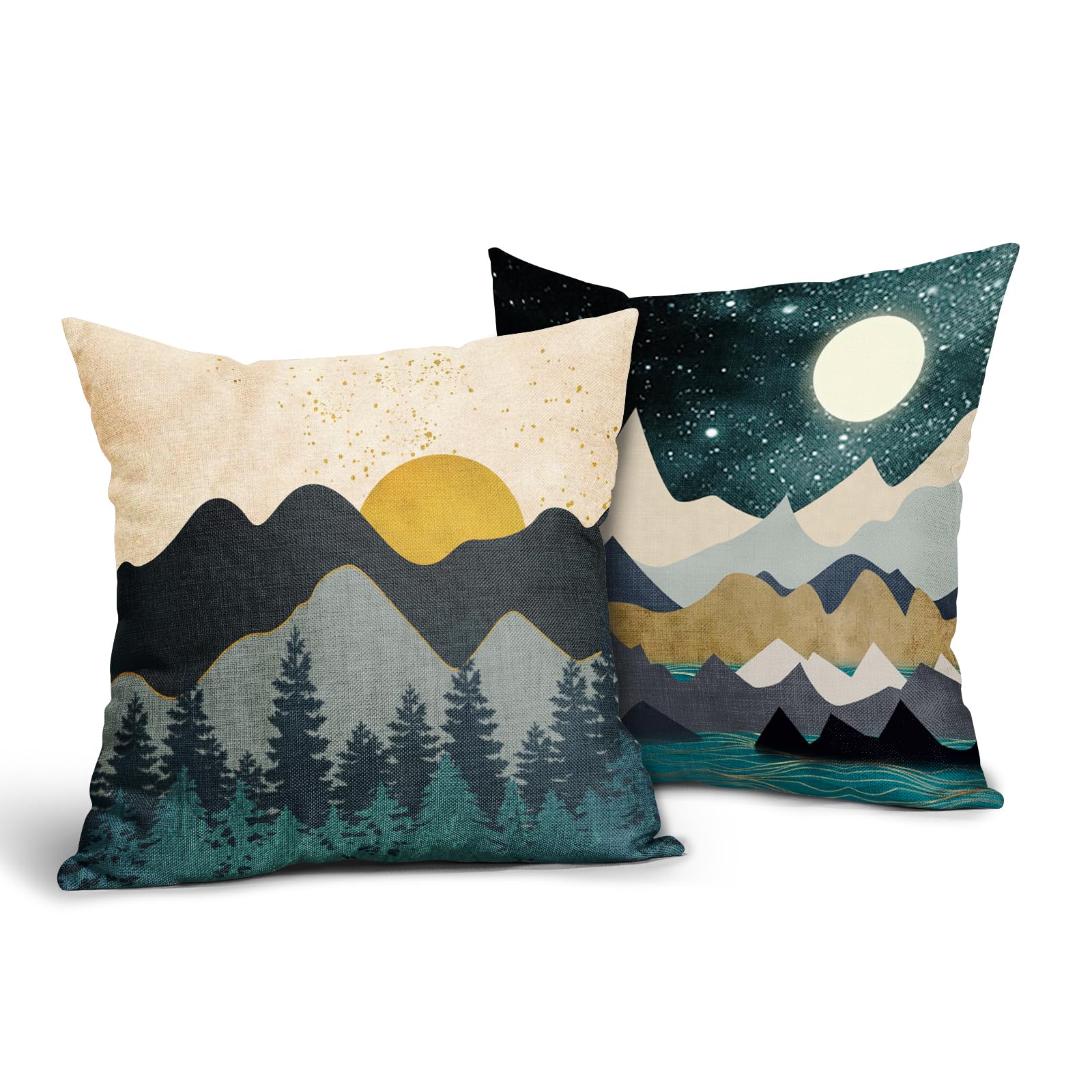 Boho Abstract Mountain Pillow Covers 20x20 Inch Set of 2 - Nature Landscape Sunset Forest Throw Pillow Covers, Green Outdoor Linen Square Cushion Covers for Sofa, Couch, Bedroom Decor - Perfect for Cozy Home, Cabin & Bohemian Living Room Accents